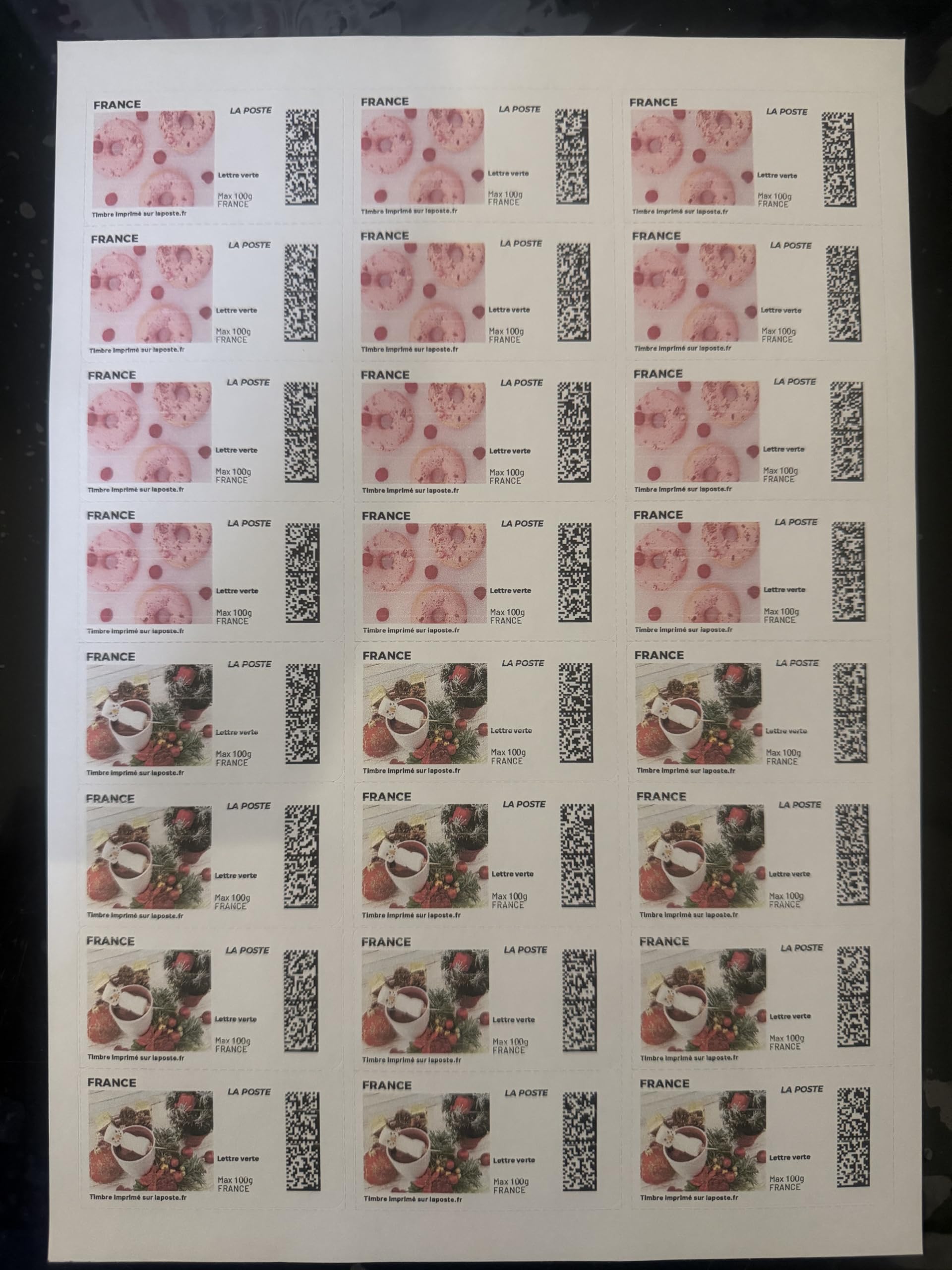 Planche de 24 timbres 100g - Timbre Poste Autocollant Neuf – Lettres vertes - Validité permanente – Timbres Poste France Carnet - Etiquette autocollante France -image aleatoire