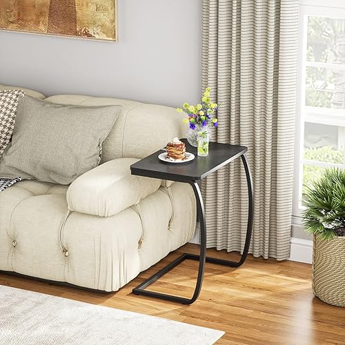 Miniatura 17 de SRIWATANA Mesa auxiliar, mesa auxiliar, mesa de sofá vintage en forma de C para sofá, laptop, aperitivo, café, nogal 1.Walnut,Negro -,Nogal oscuro