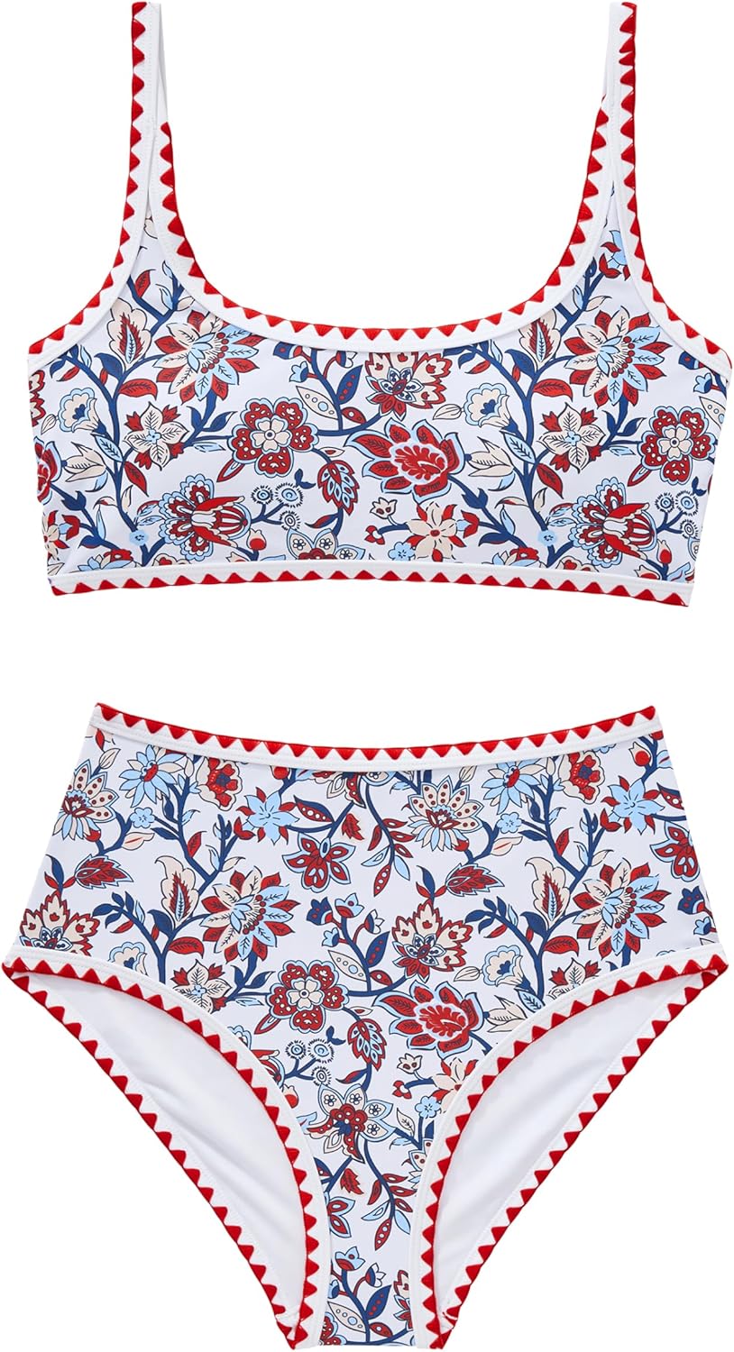 MOOSLOVER Women High Waisted Bikini Sets Full Coverage Two Piece Swimsuit Retro Floral Modest Bathing Suit - Image 7