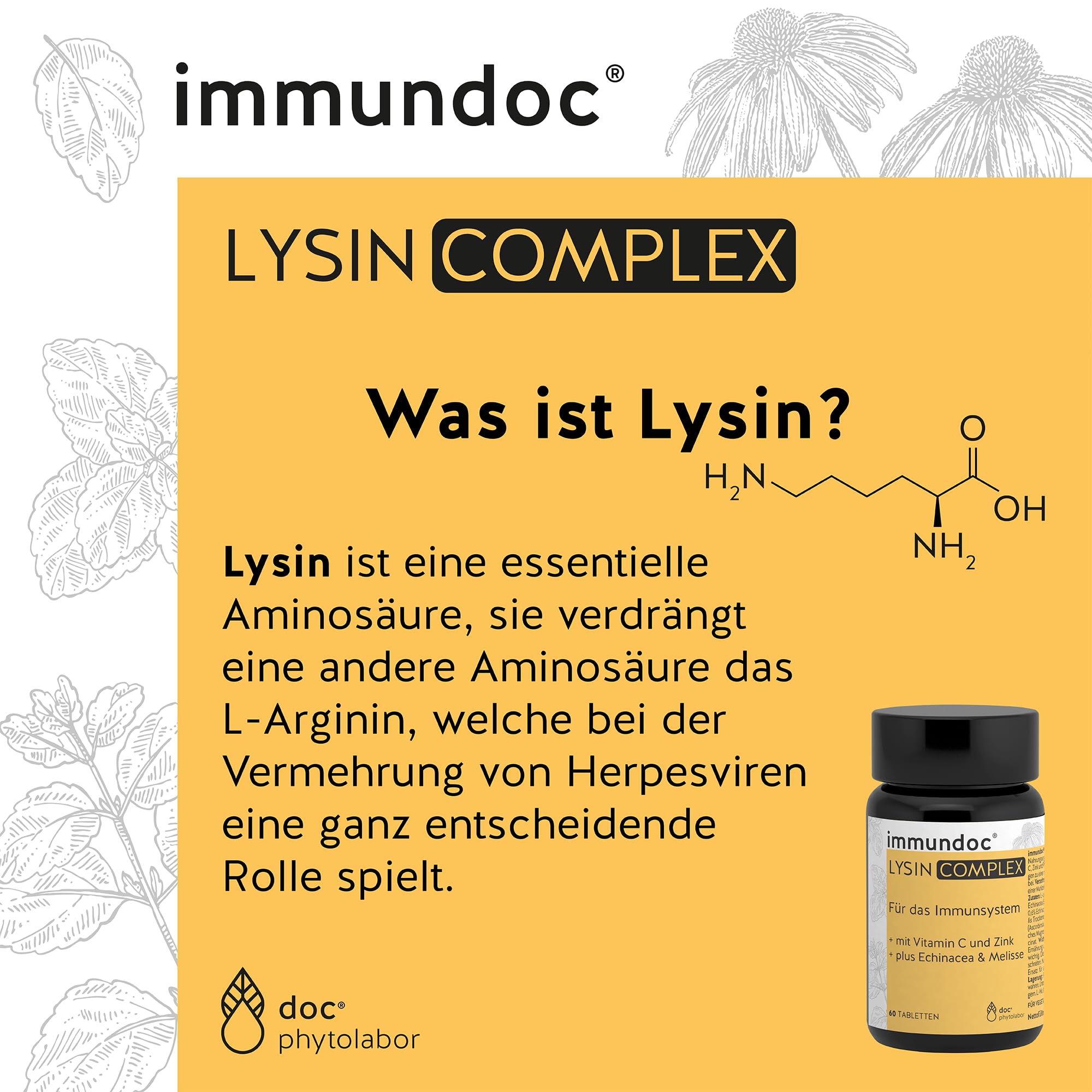 immundoc LYSIN COMPLEX, L-Lysin Tabletten, 60 Stück, mit 1000 mg L-Lysin pro Tagesdosis, mit Vitamin C, Zink und Pflanzenextrakten, glutenfrei und laktosefrei