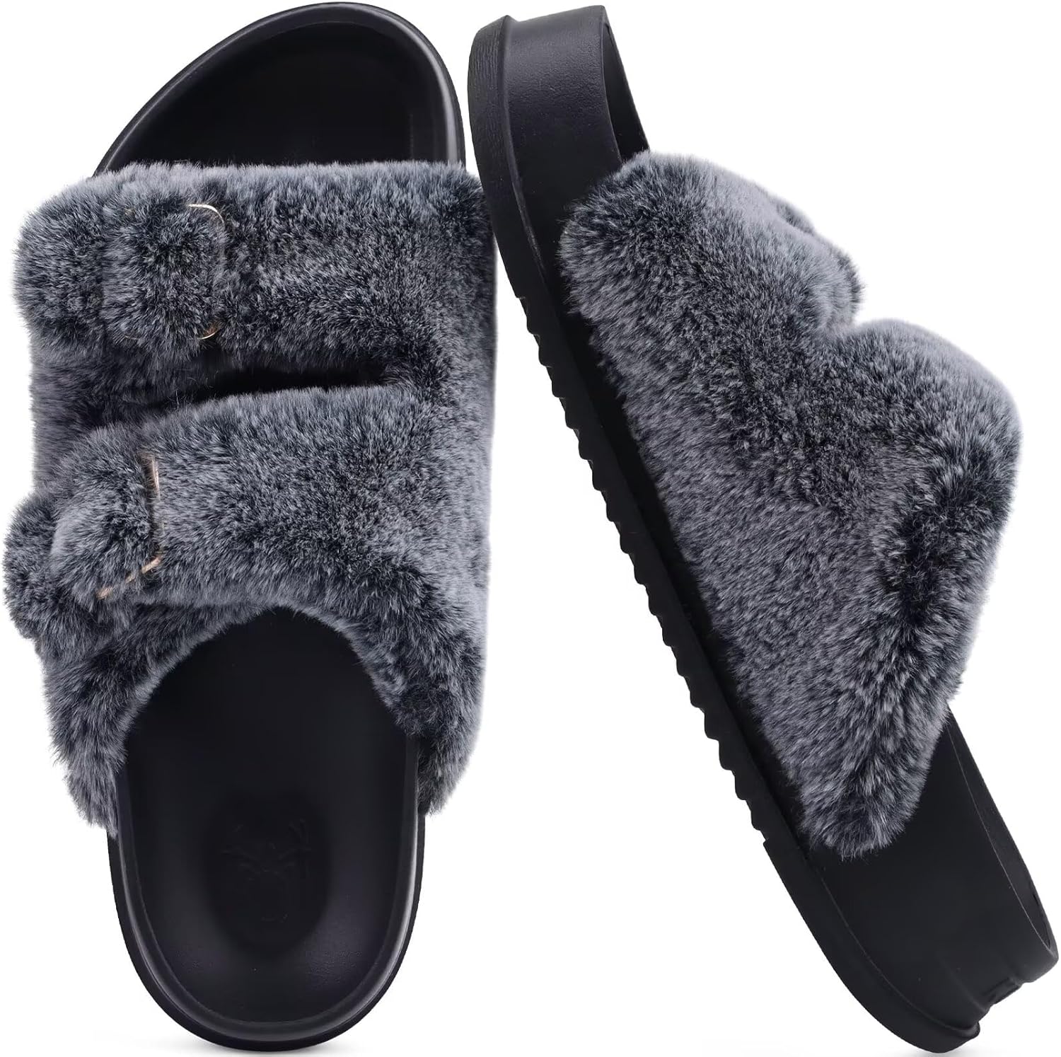 KuaiLu Women's Fluff Slippers Black Size 6, Plantar Fasciitis Arch Support Platform Slippers Ladies Fashion Open Toe Faux Fur Sliders House Slipper - Image 9