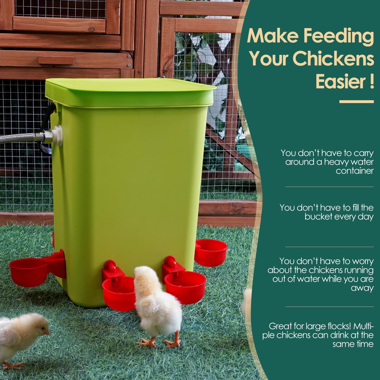 Regadera automática de pollo con válvula flotante, bebedero colgante de 3.2 galones con 6 tazas de agua, dispensador de agua grande de codorniz, pavo, ganso, gallinero