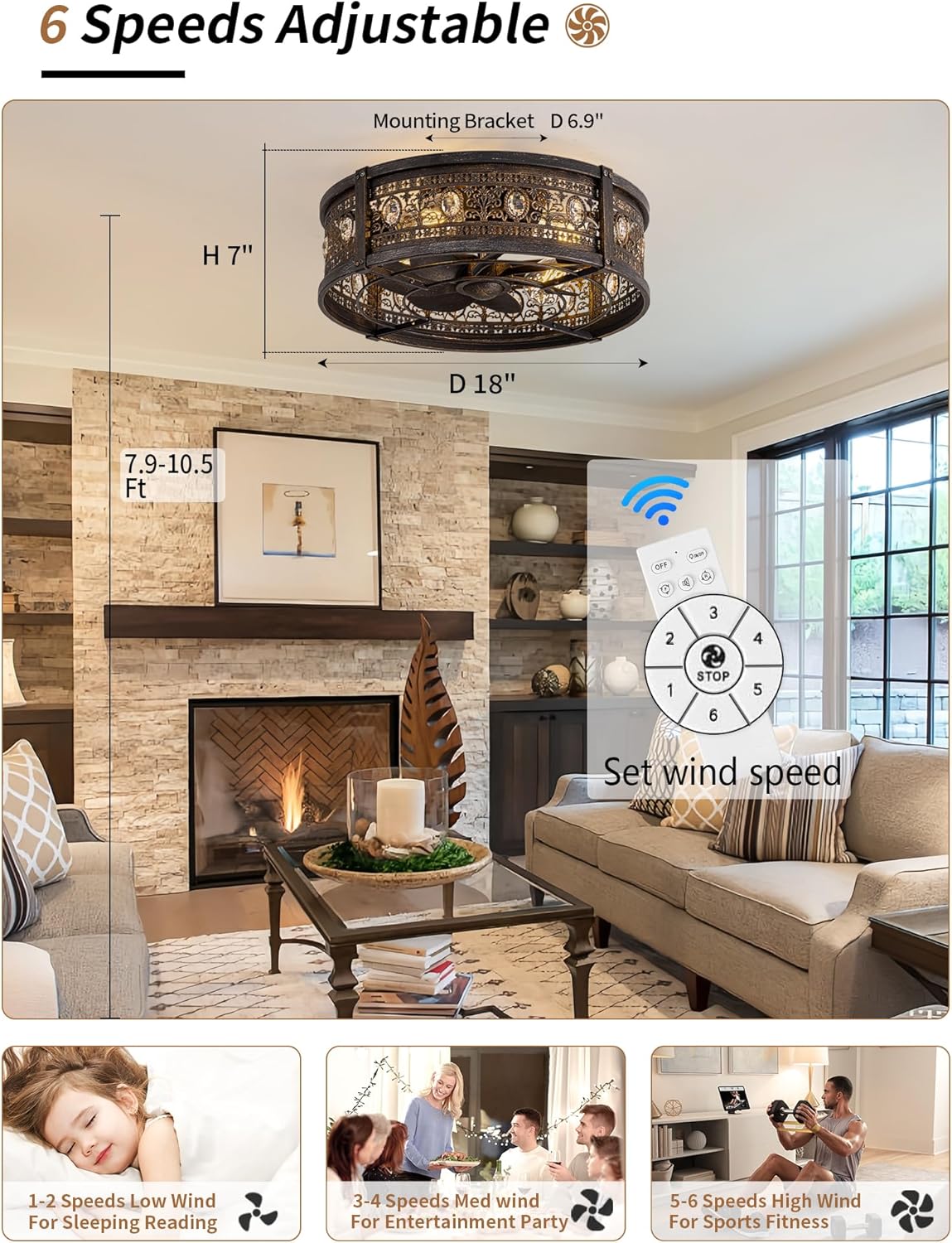 Vintage Caged Ceiling Fans with Lights and Remote,Victorian Hand-Antiqued Rustic Crystal Fandelier,Low Profile Flush Mount,Enclosed Bladeless Ceiling Fan with Light for Bedroom,Kitchen,Hallway(Black)