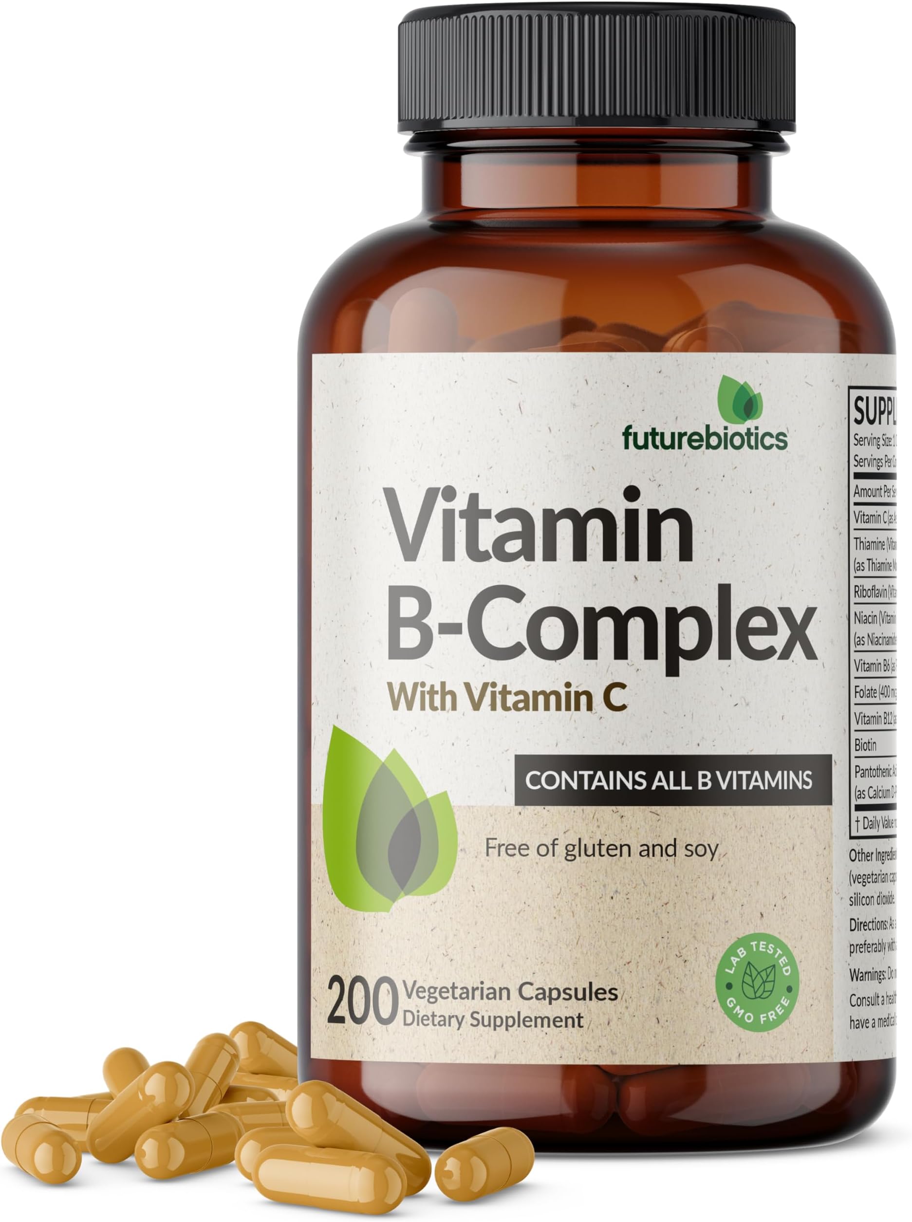 Vitamin B Complex with Vitamin C Supports Energy Production, Nervous System & Immune Support - Non-GMO, 200 Vegetarian Capsules