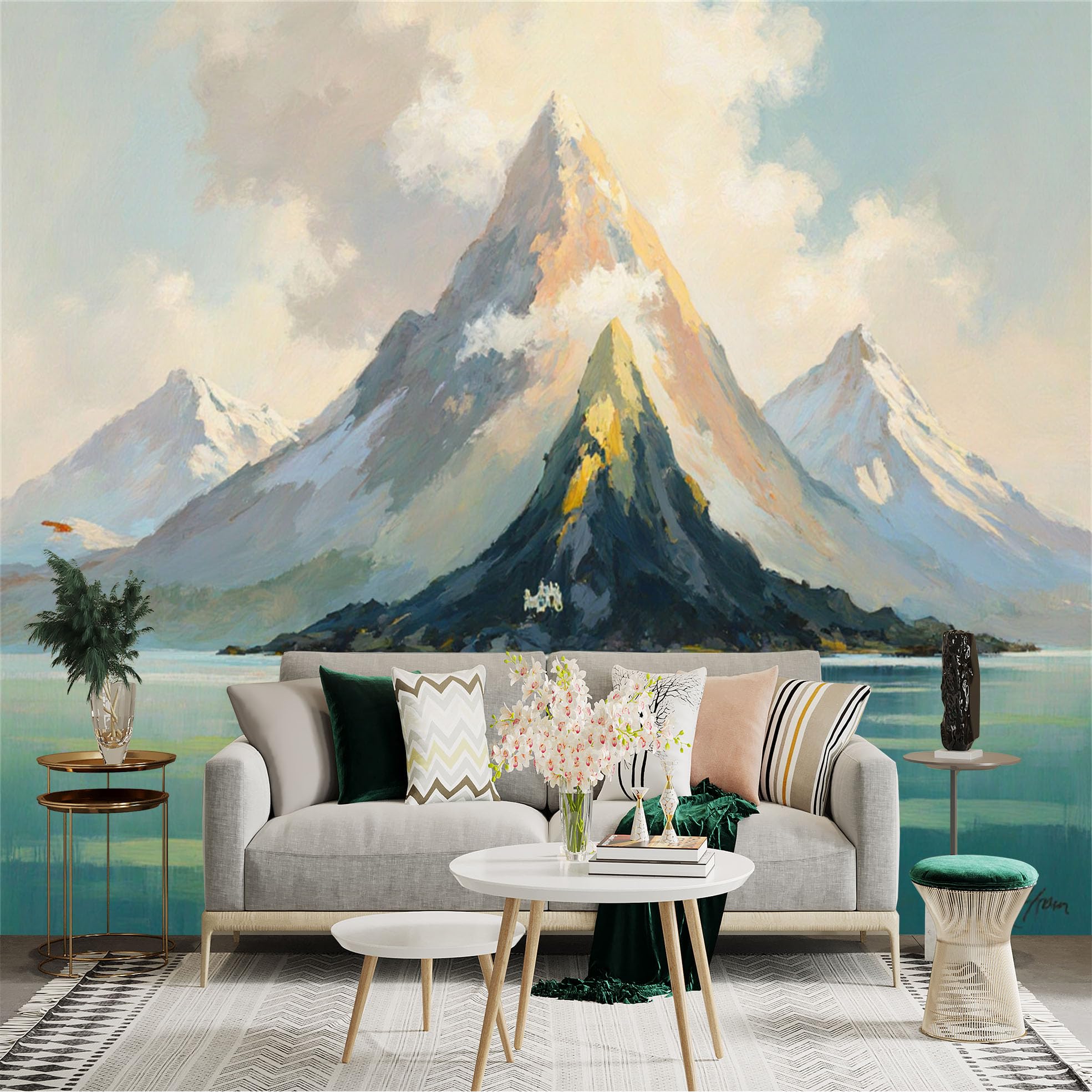 Custom Size Wall Sticker Mural， Majestic Mountain Landscape with Lake， Sunrise and Clouds， for wall Decoration， peelandstick wall Decals.