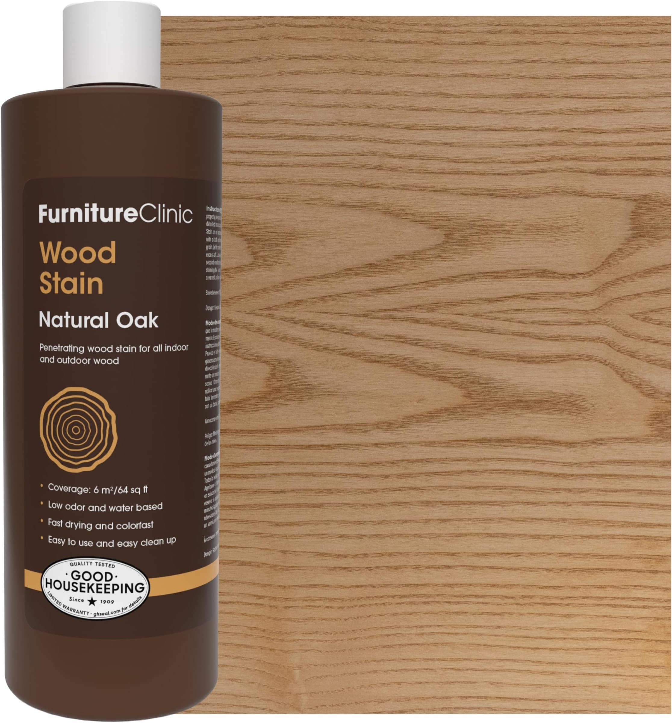 Furniture Clinic Wood Stain | Natural Oak | Water Based | Fast Drying, Low Odor, & Non-Toxic | for Indoor & Outdoor Furniture and More | Multiple Finishes | (17oz / 500ml)