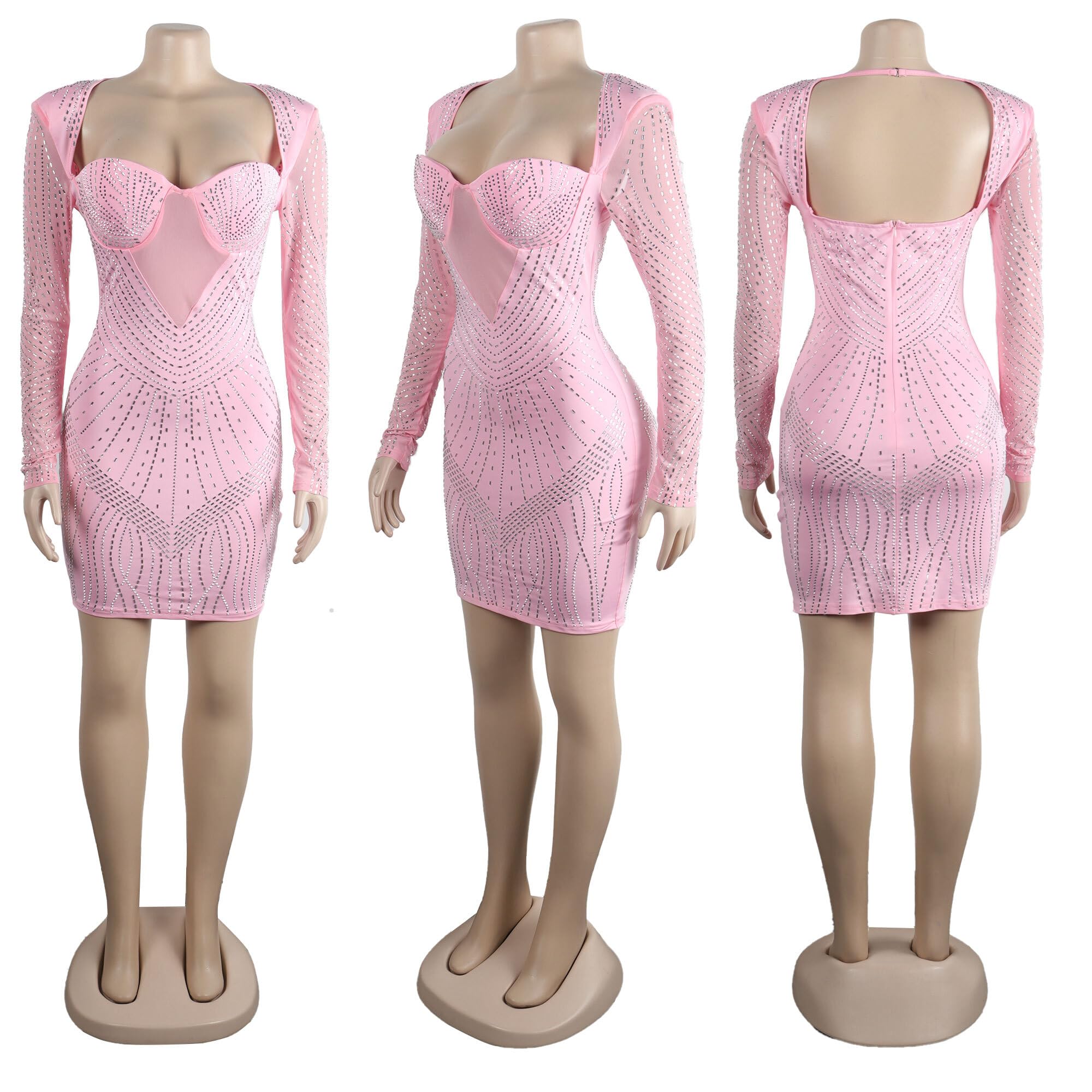Jigfar Vestido sexy de malla transparente con diamantes de imitación para mujer, vestido ajustado para fiesta de cumpleaños, club nocturno, 1 rosa, XXXL