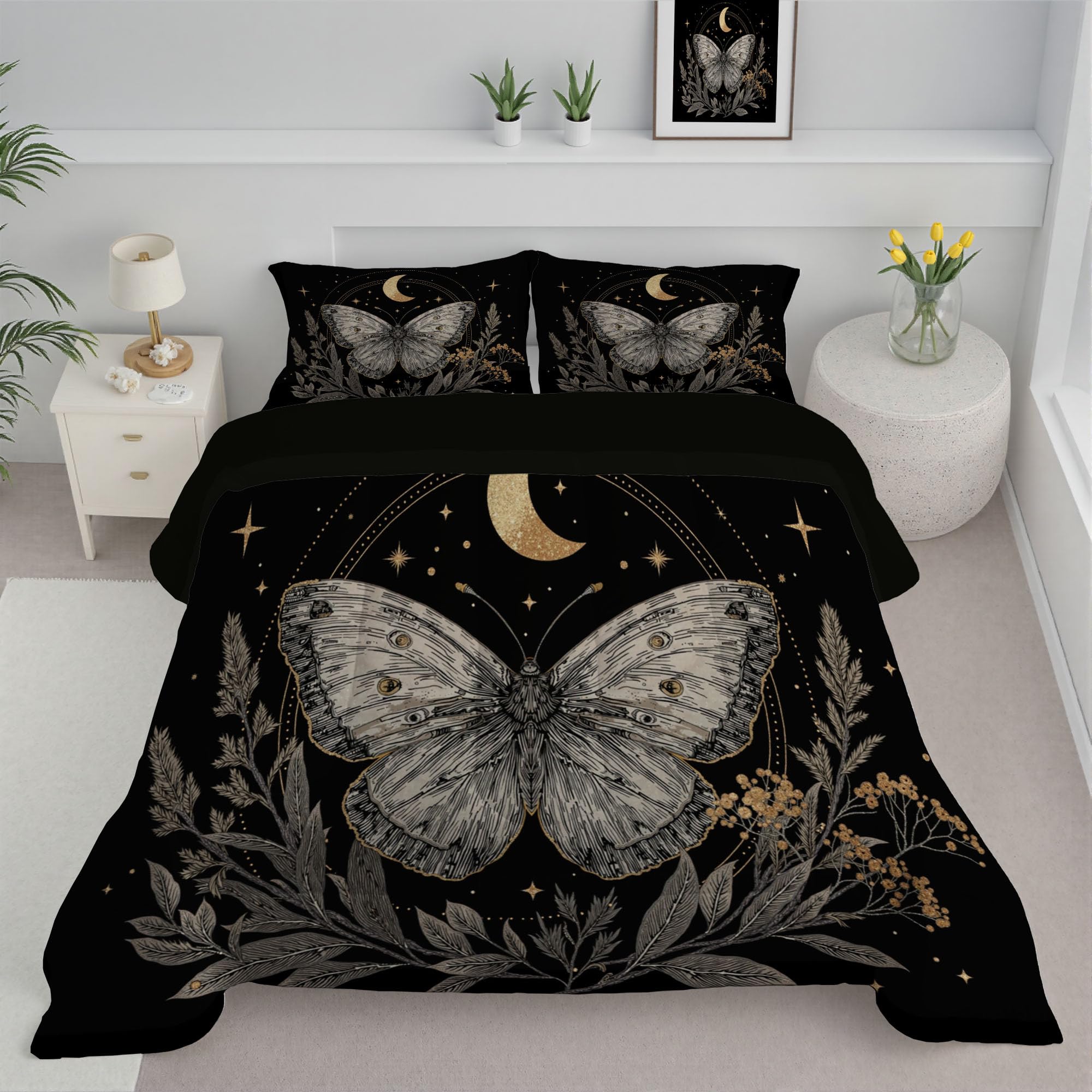 Trapunta Letto Matrimoniale 4 Stagioni Piumone per Bambini, Boemia La Falena Leggero Cielo Stellato Psichedelico Set di Biancheria da Letto 200x200cm con 2 Federe,Piumino Lavabile In Lavatrice