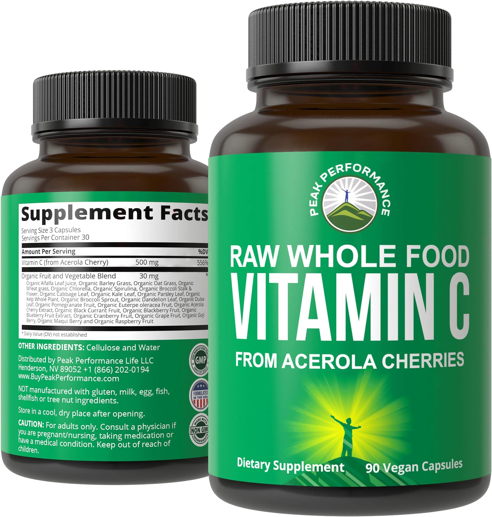 Raw Whole Food Natural Vitamin C Capsules from Acerola Cherry for Max Absorption. Vegan USA Sourced Vitamin C Supplement 90 Pills. 500 mg Serving or 2 Servings 1000mg
