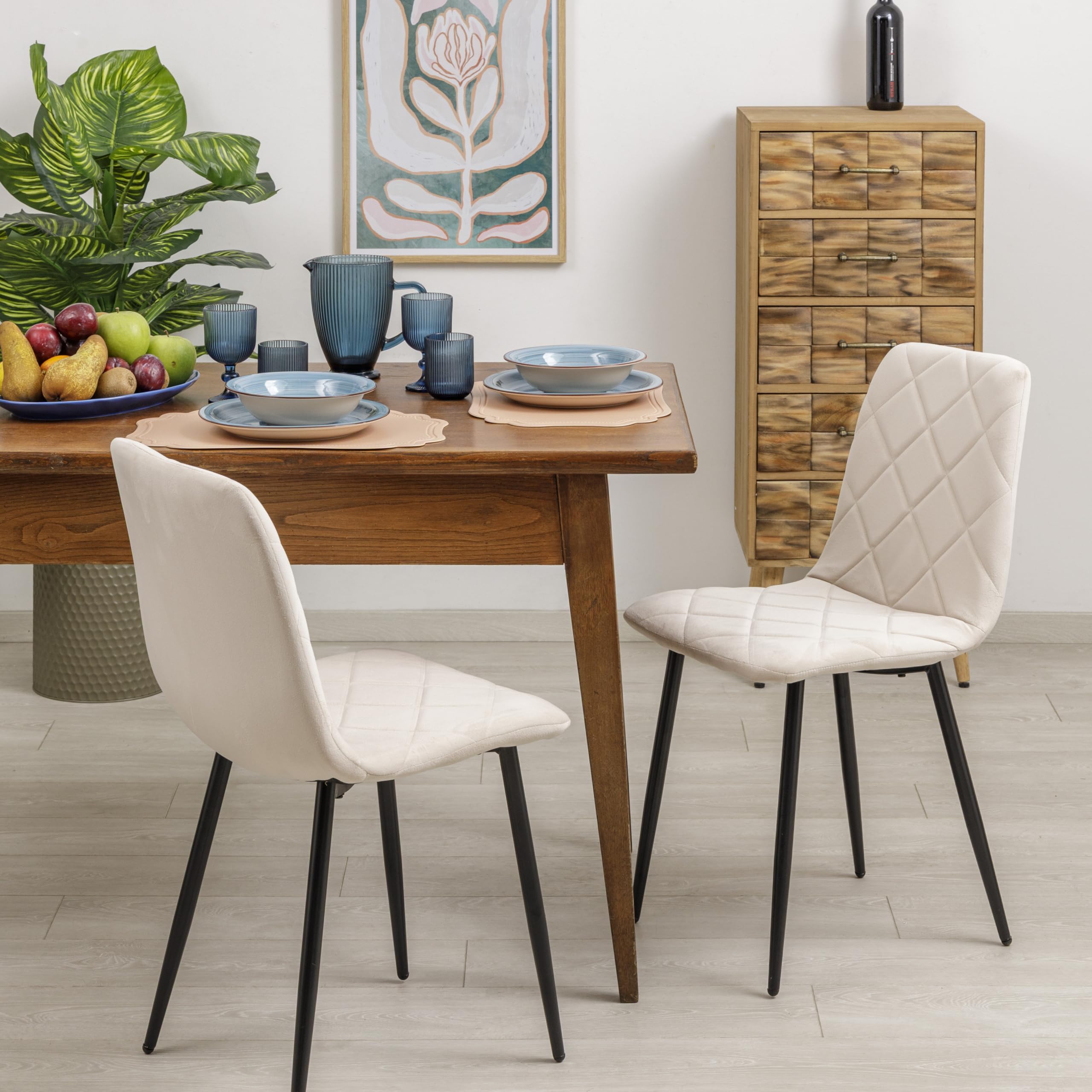 Baroni Home Set di 4 Sedie Moderne con Rivestimento in Velluto e Gambe in Ferro Nero, Poltrona da Soggiorno, Camera da Letto, Sala da Pranzo, Beige, 52x44x85 cm