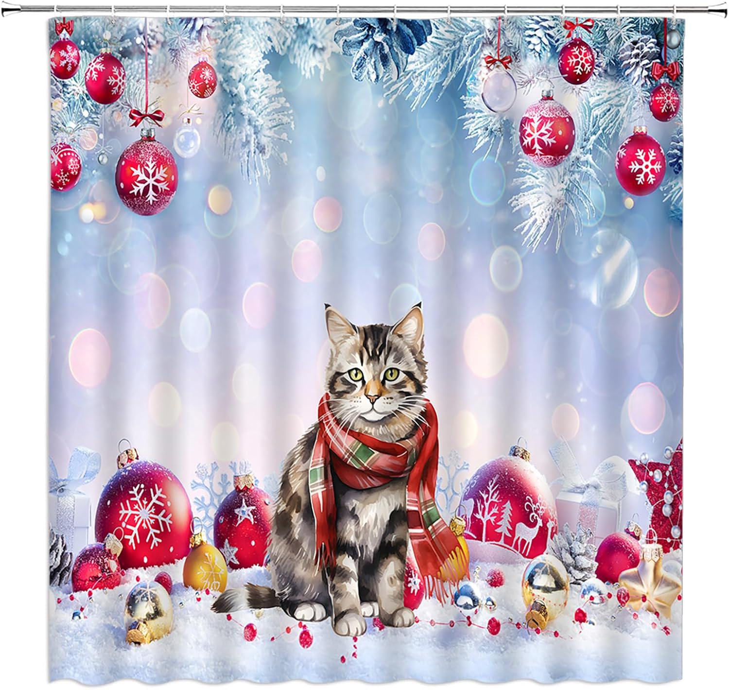 HYKHYK Christmas Cat Shower Curtain Red Xmas Ball Winter