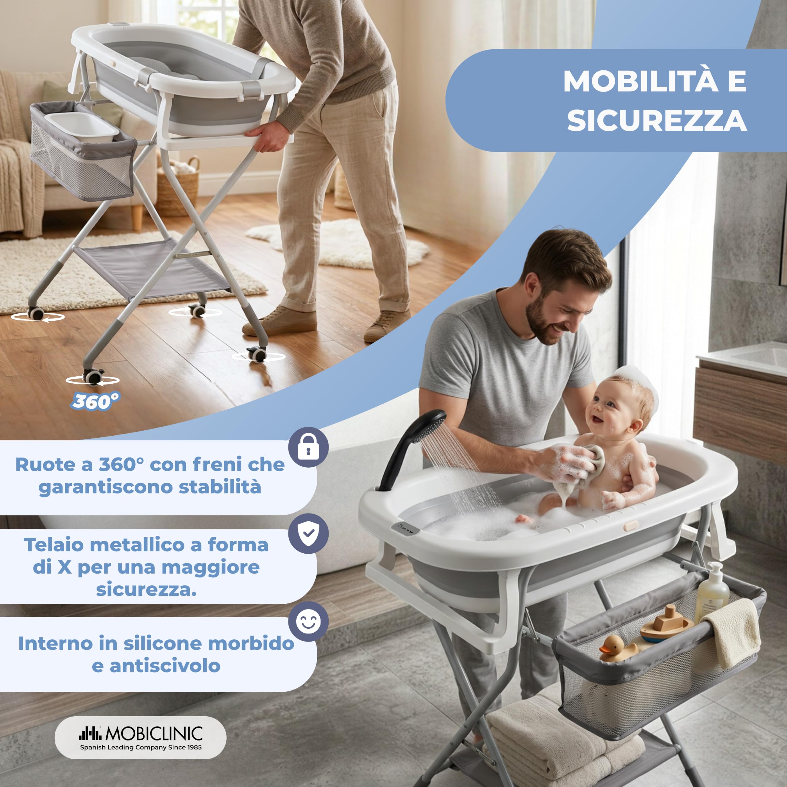 Mobiclinic®, Vaschetta Bagnetto Neonato, con Gambe e Supporto, Altezza Regolabile, Ruote a 360° con Freno, Cuscino Ergonomico, Tubo di Scarico, Cestino e Vassoio, Compatta, Bubba Max