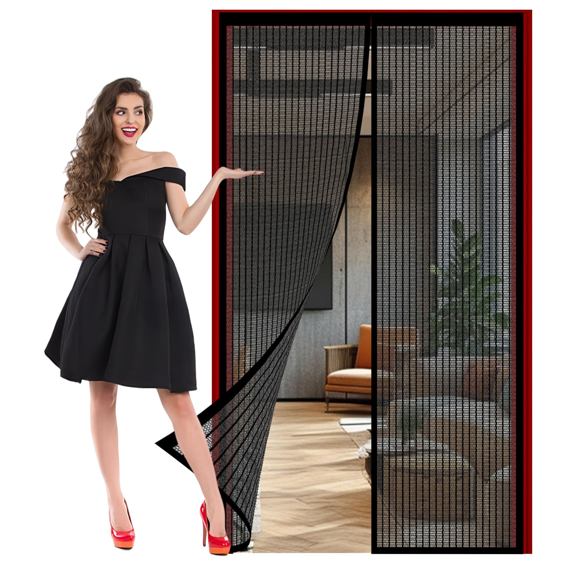 Fliegengitter Balkontür Schiebetür 117 x 256 cm Insektenschutzvorhang mit Magneten Ohne Bohren, Einfache Montage für Wohnzimmer Schiebetür, Schwarz