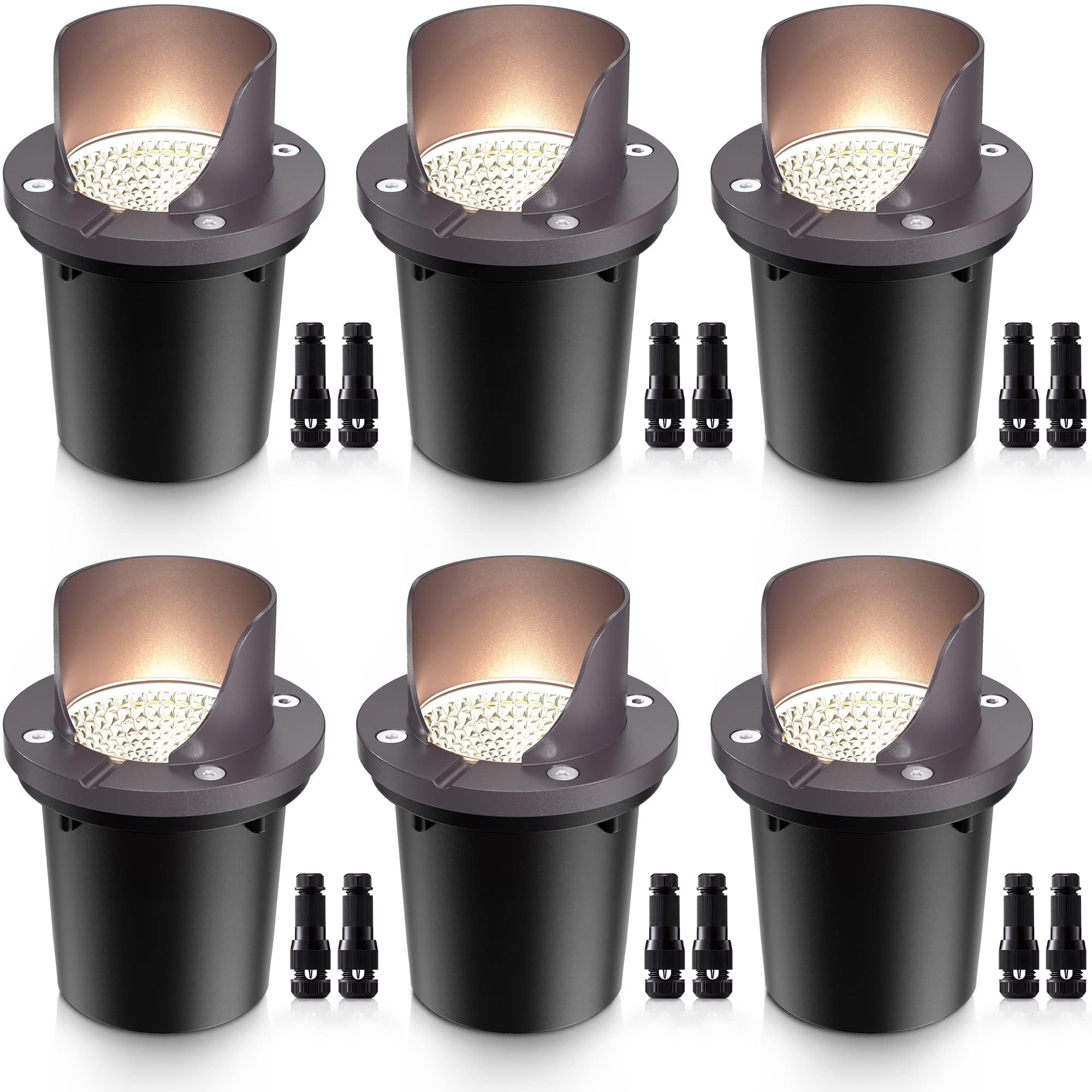 SUNVIE 12W Low Voltage Landscape Lights Waterproof Outdoor In-Ground Lights Shielded LED Well Lights 12V-24V Warm White Landscape Lighting for Pathway Garden Fence Deck, 6 Pack with Wire Connectors