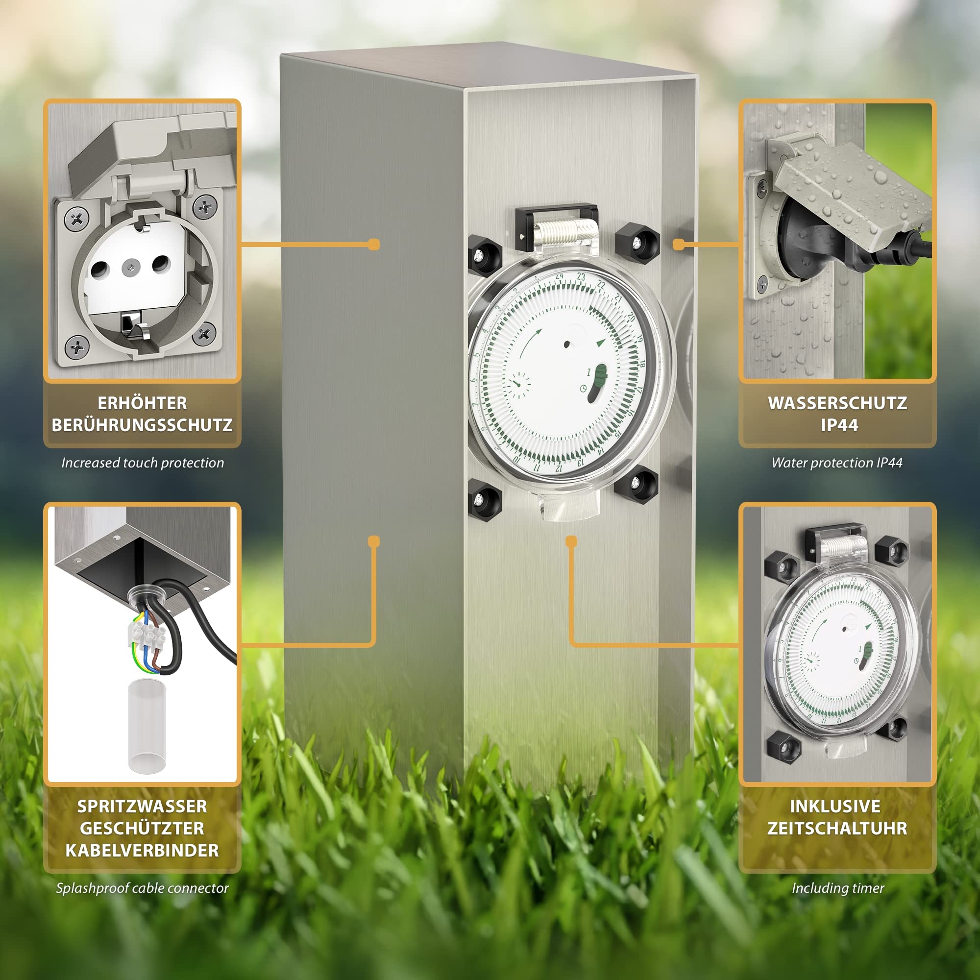 ledscom.de 3X Toma de jardín Pilar POMI con piqueta de Tierra para Exteriores, IP44, Temporizador/Reloj, 2 vías, Acero Inoxidable, Cuadrada, 23cm