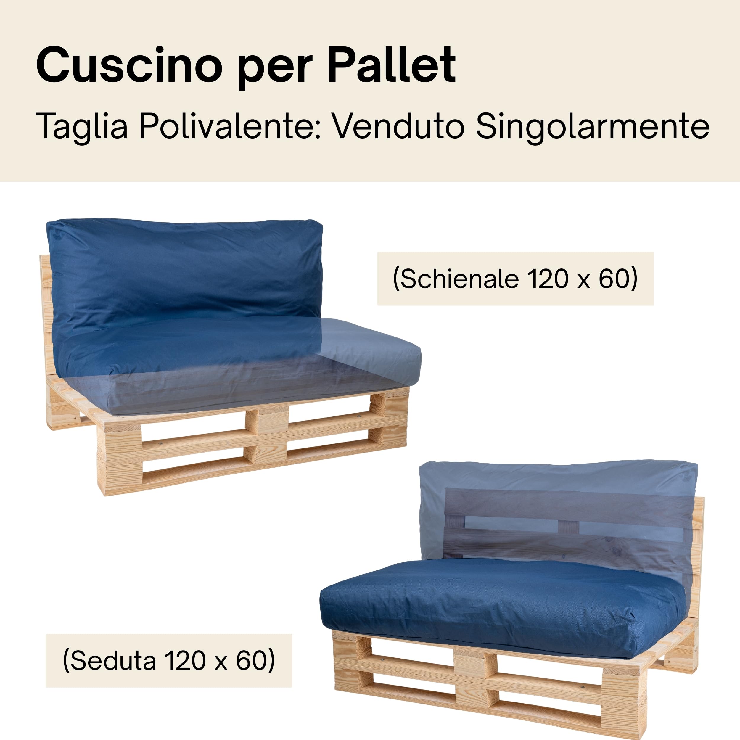 Cuscini per Pallet Fodera Impermeabile Anti UV Rimovibile Lavabile Imbottito Schiuma 120x60 cm Blu