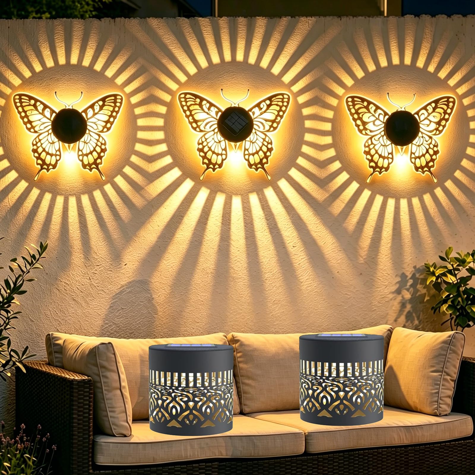 Solar-Powered Mandala Projector Light, Waterproof Rain, Snow,3-Foot Pattern from A 5-Inch Lights,Metal Shadow for Outdoor Fence, Patio, Garden, Warm LED Decorative Lighting Wandleuchte (2, C)
