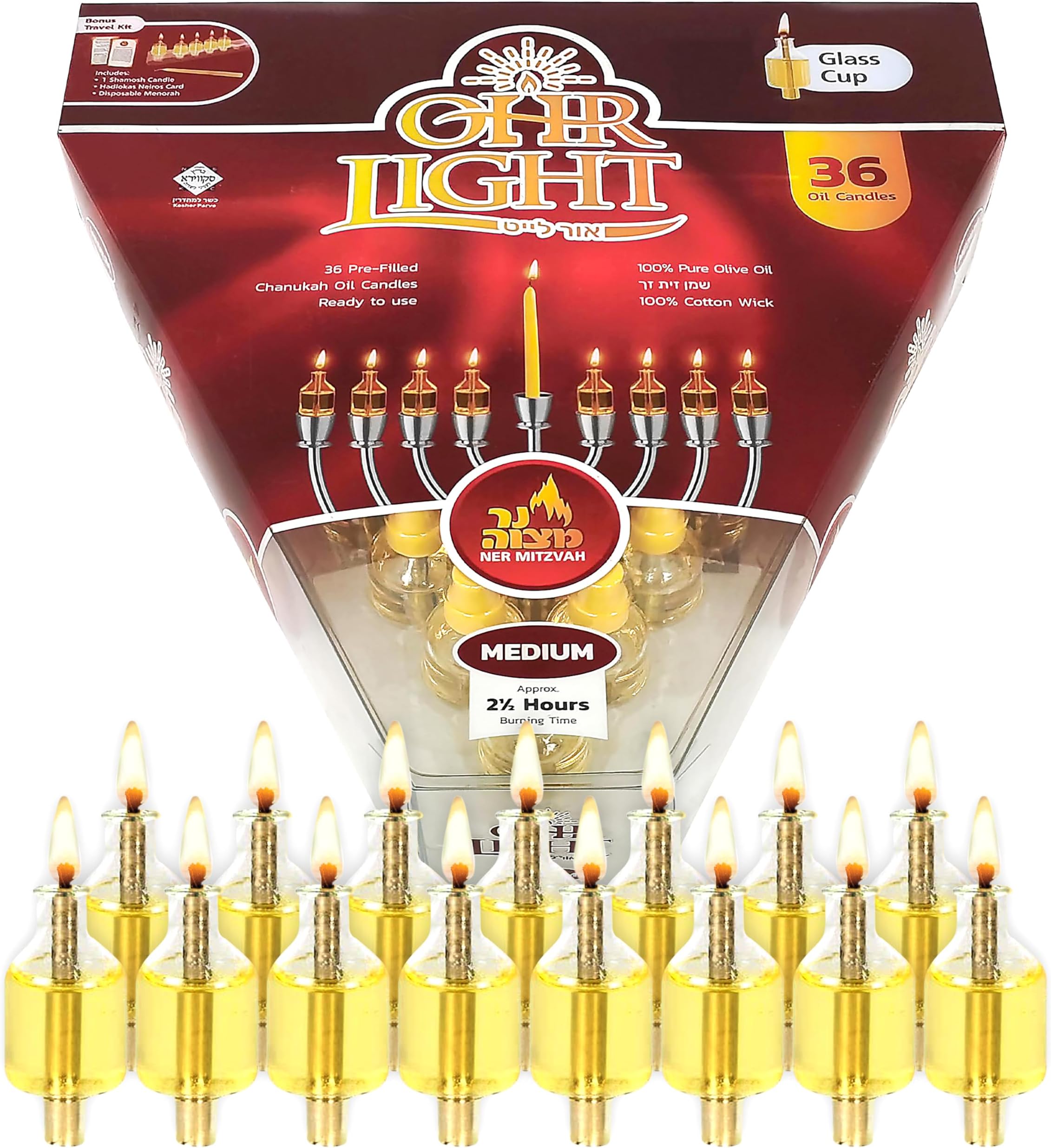 Ner Mitzvah Pre - Filled Menorah Oil Cup Candles, Hanukkah Ohr Lights, 100% Olive Oil with Cotton Wick in Glass Cup - Medium (Pack of 36) - Burns Approx, 2 1/2 Hrs