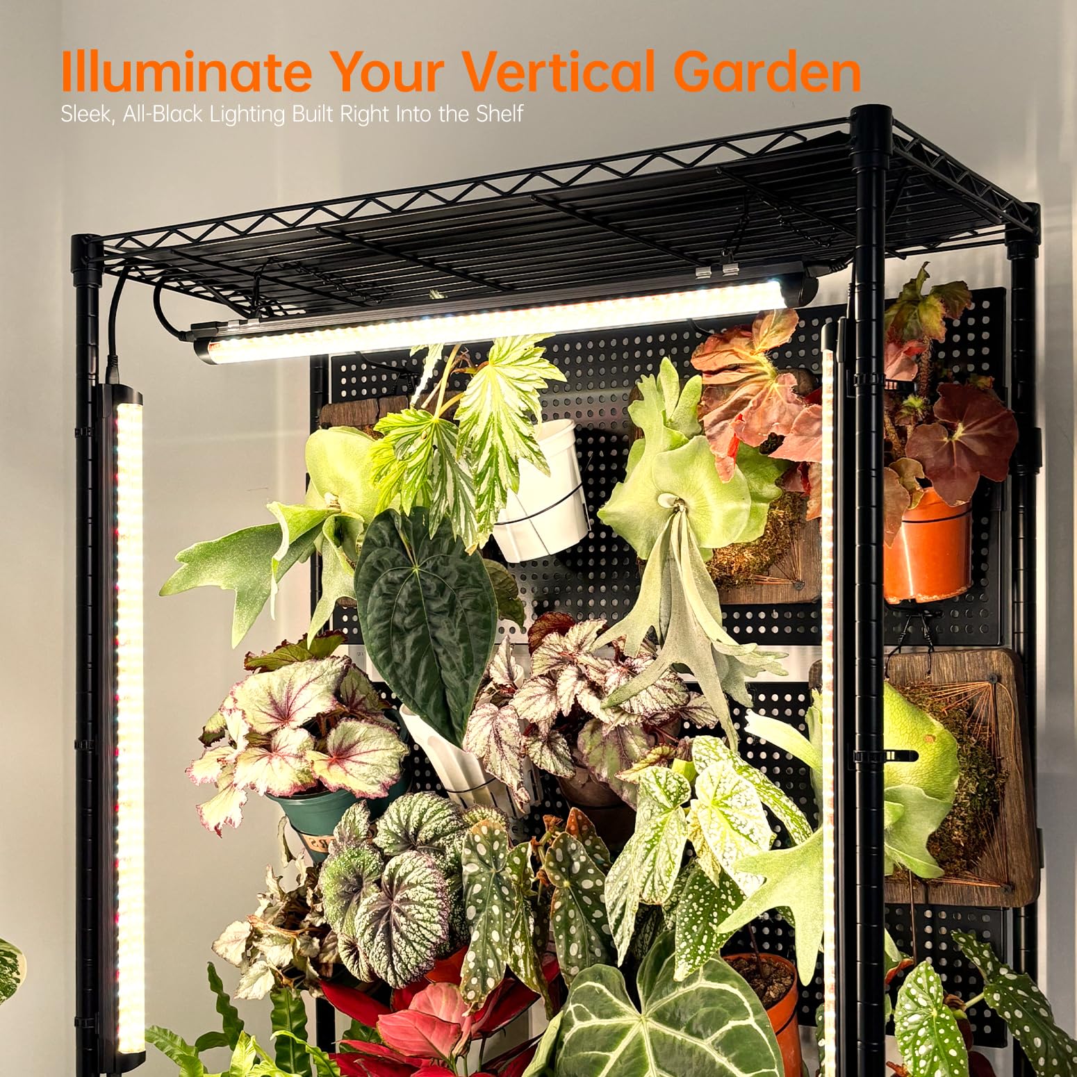 Bstrip Estante para plantas con luz de crecimiento y tablero de clavijas, soporte de metal para plantas con estante ajustable y ruedas, 4 tiras de luz de crecimiento de espectro completo de 24 W para