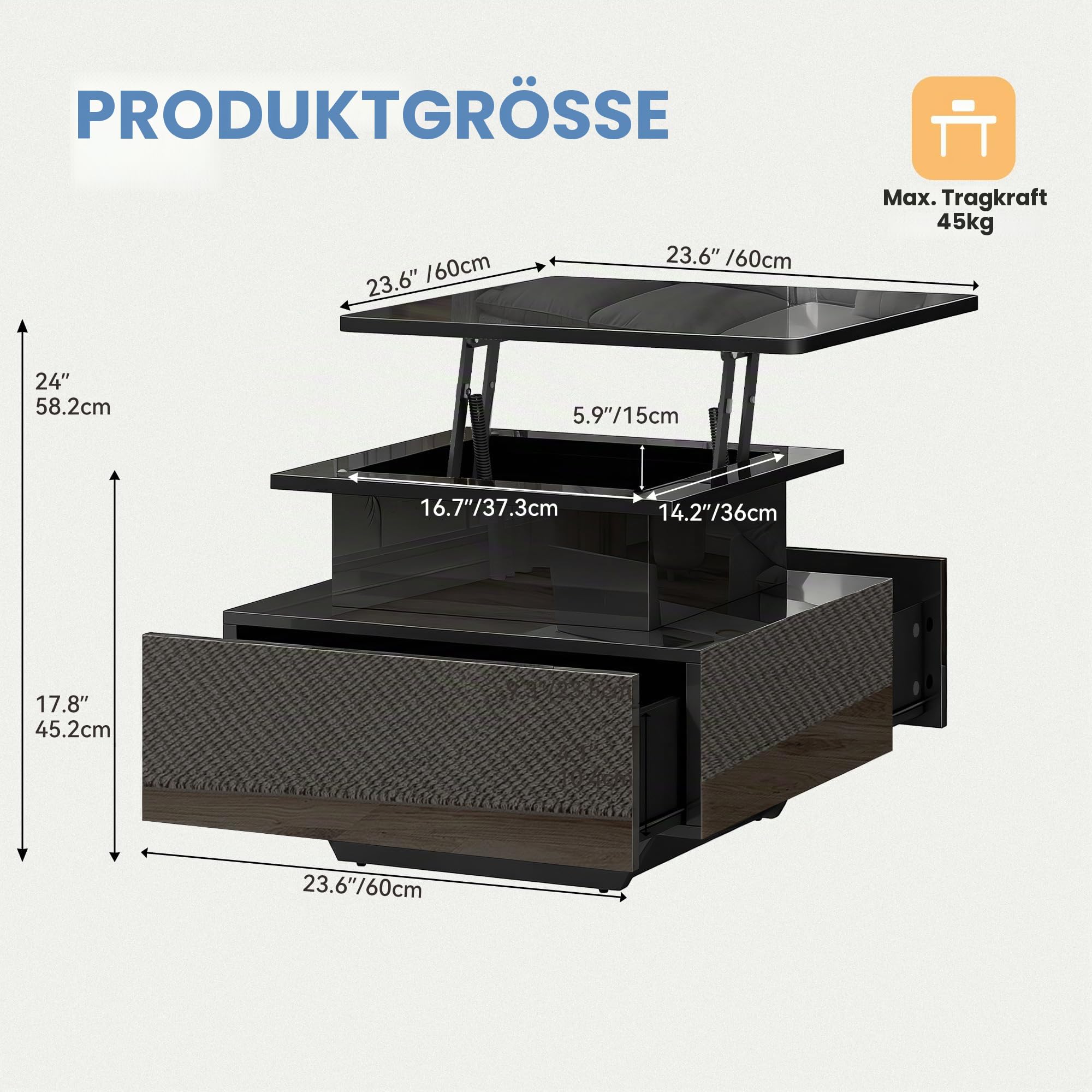 DWVO Couchtisch mit LED, höhenverstellbar, modern schwarz hochglänzend, mit Stauraum & Schubladen für Wohnzimmer, 60x60x45-58 cm