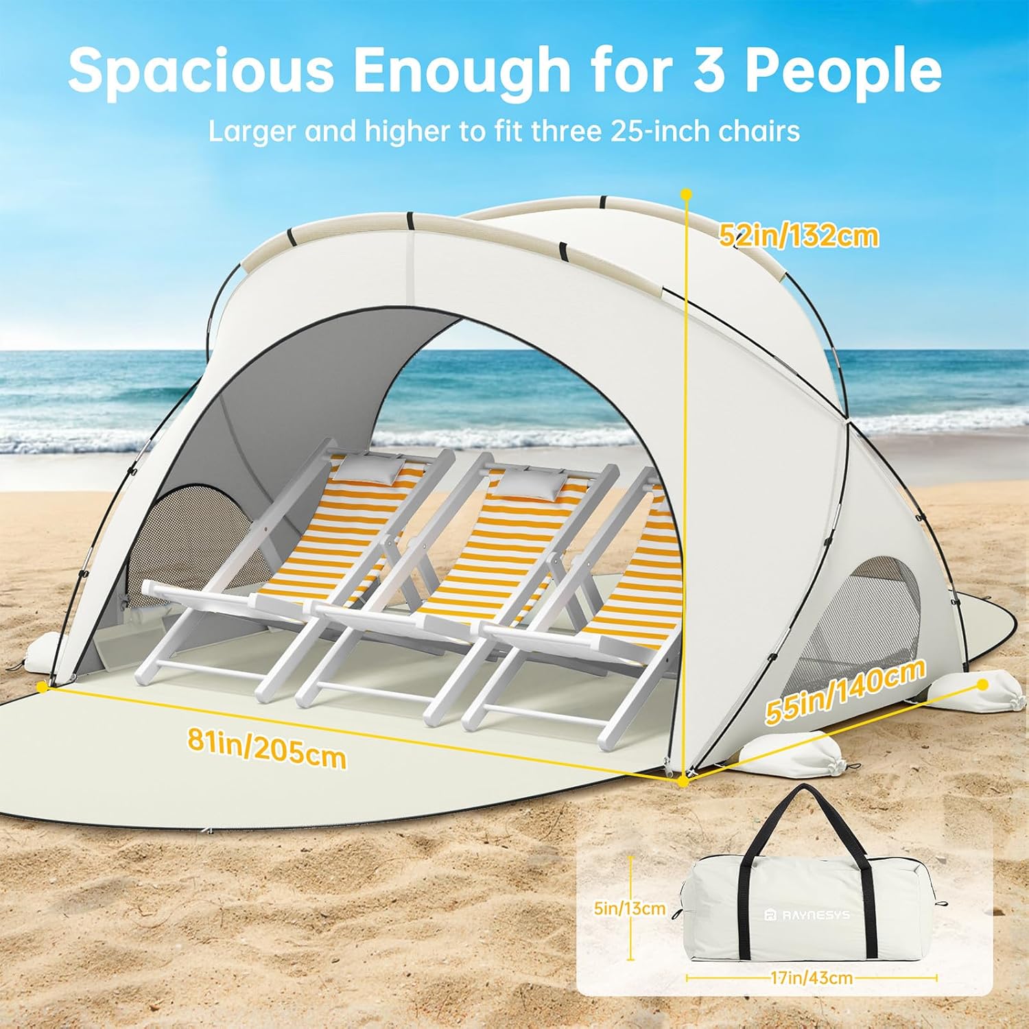 Raynesys Beach Tent Sun Shelter, Beach Shade Tent with UPF50+ UV Protection, Sun Shelter for 1-3 Person, Beaches Shade with 2 Zippered Doors, Portable Tents for Camping Fishing, Beige