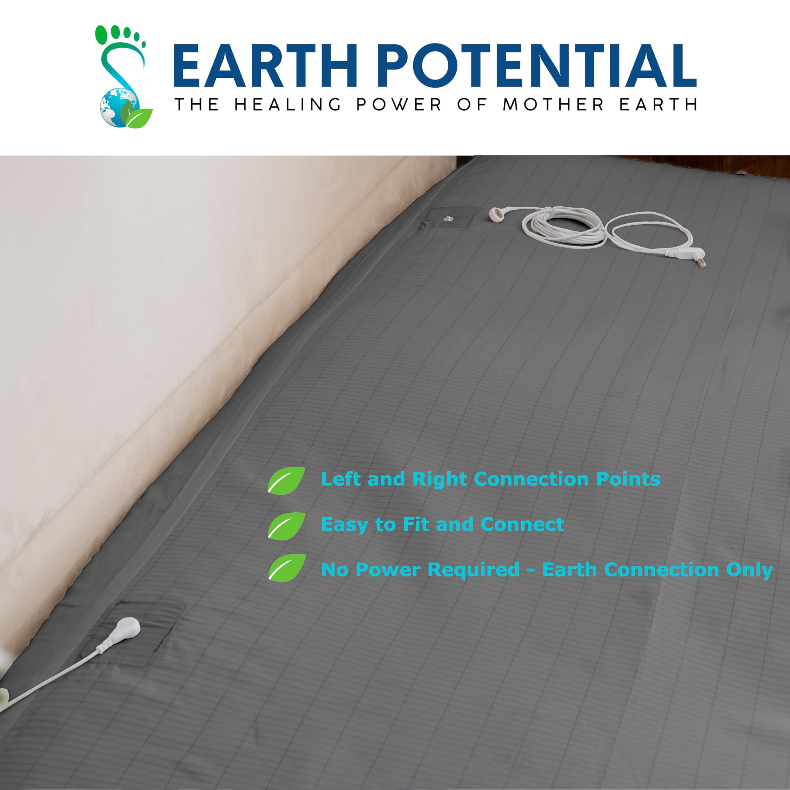 Earthing - Lenzuolo con angoli per letto king size, 160 x 200 x 25 cm, 95% cotone e 5% morbido filo conduttivo argentato per una guarigione e un sonno migliore, cavo di messa a terra da 5 m e spina di
