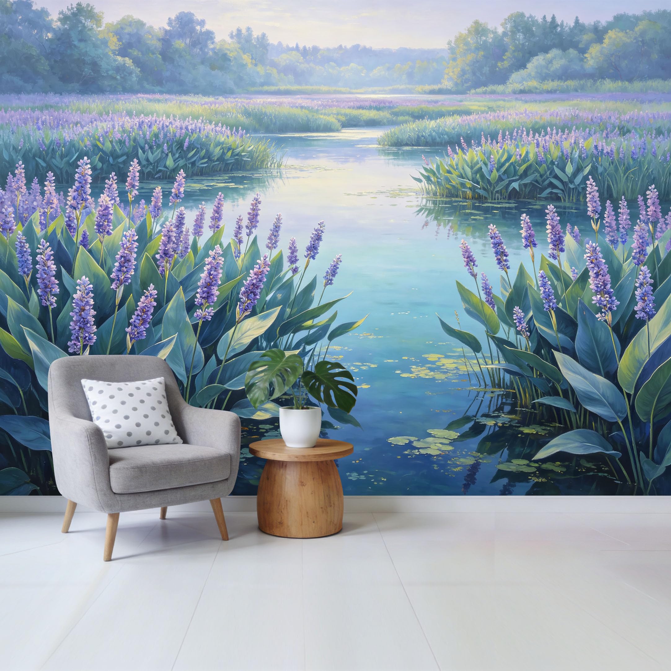 Qzlithotic Yq2605250828 Custom Size Wall Mural Serene Purple Flowering Lake Landscape Oil Painting Style Selfadhesive Wall Fabric Removable Wallpaper For Home Office Decor