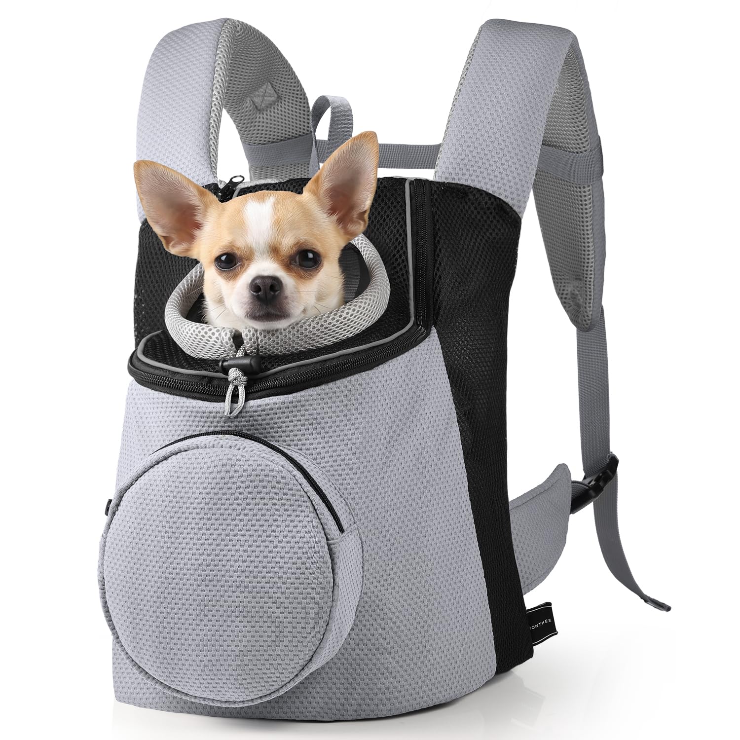 BONTHEE Hundetrage-Rucksack für kleine Hunde & Welpen – atmungsaktiver Frontrucksack mit PE-Boden und Aufbewahrungstasche, für Outdoor, Wandern & Reisen, bis 4.5kg