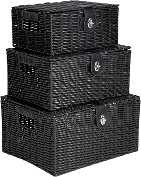 INNOTECK Wicker Storage Basket Set with Lids, Black, 3-Piece