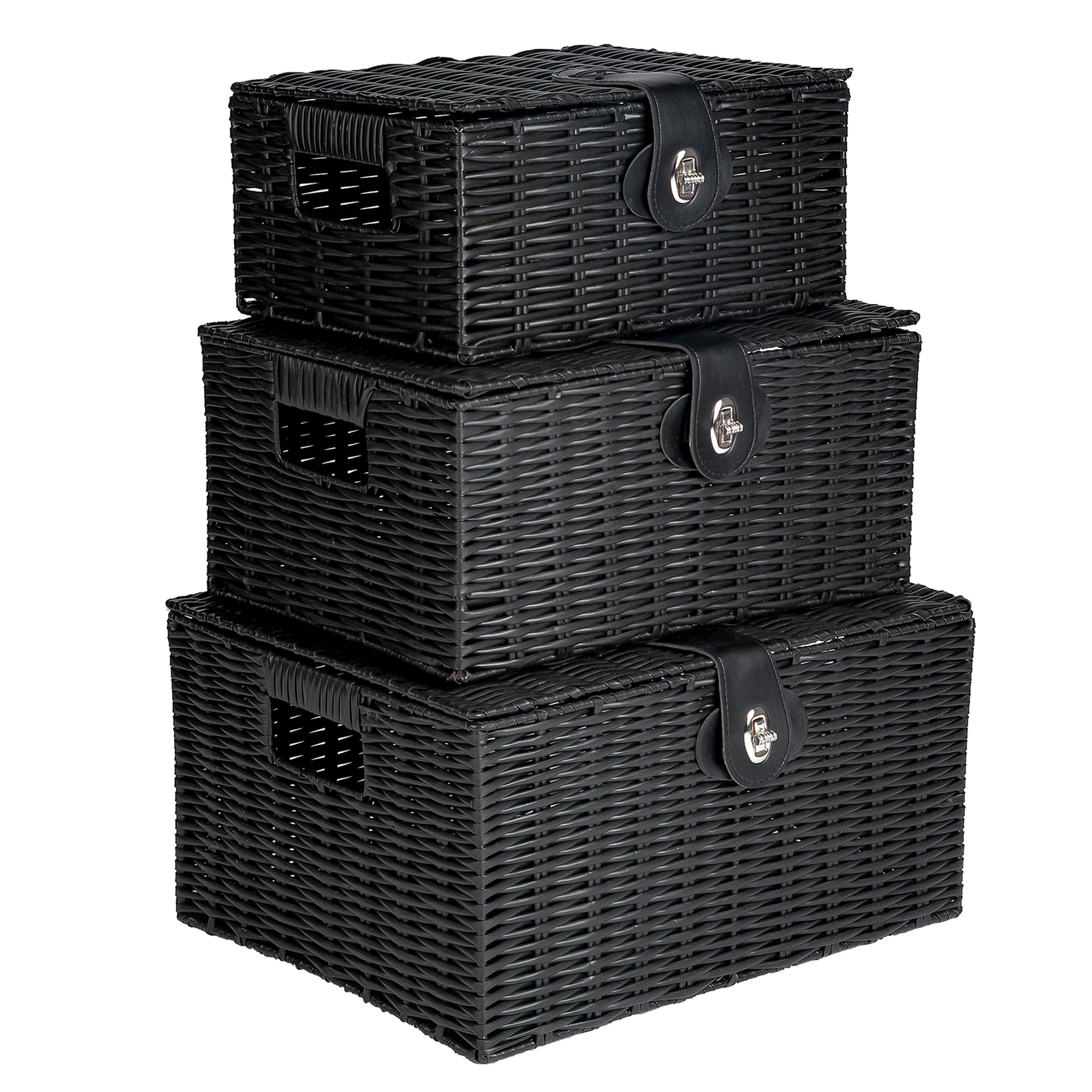 Innoteck Wicker Storage Basket Set with Lids - Handwoven Decorative Storage Boxes with Handles, Large, Medium & Small - Ideal for Home, Bathroom, Kitchen & Office Organisation (Black)