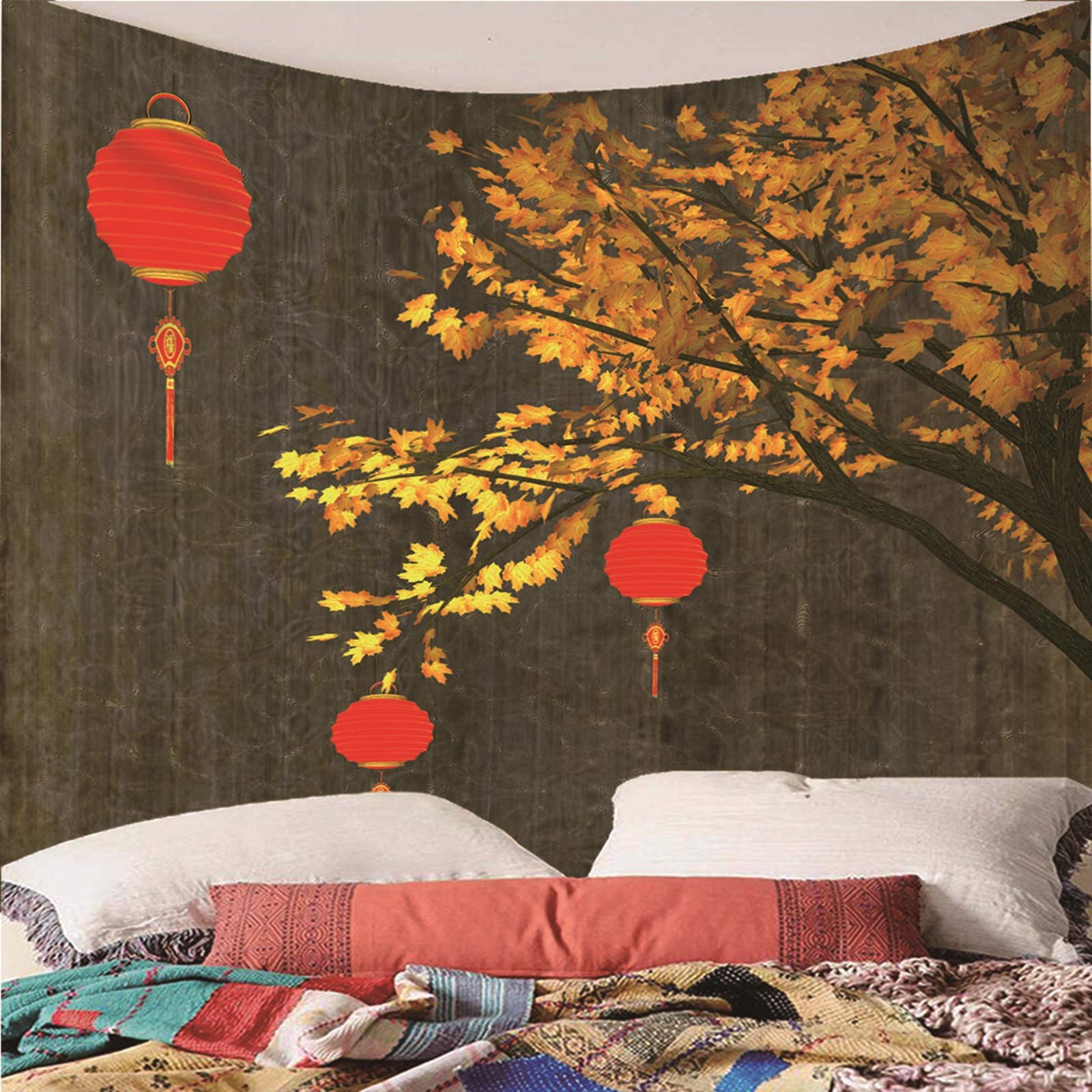 Dywan na ścianę skandynawski, gobelin, dekoracja na ścianę, 350 x 256 cm, ozdoba na ścianę, psychodeliczna, latarnia, drzewo klonowe, dywan ścienny do sypialni, salonu, dekoracja