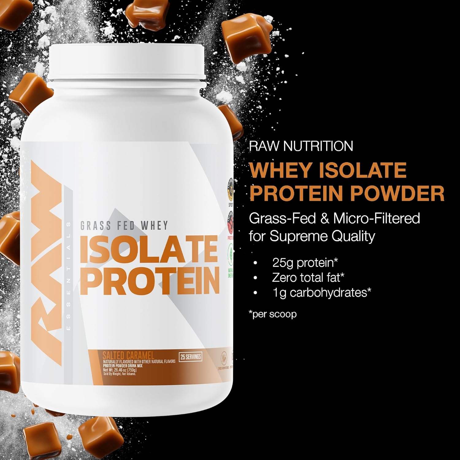 RAW Whey Isolate Protein Powder, Salted Caramel - 100% Grass-Fed Sports Nutrition Whey Protein Powder for Muscle Growth & Recovery - Low-Fat, Low Carb, Naturally Flavored & Sweetened - 25 Servings - Image 2