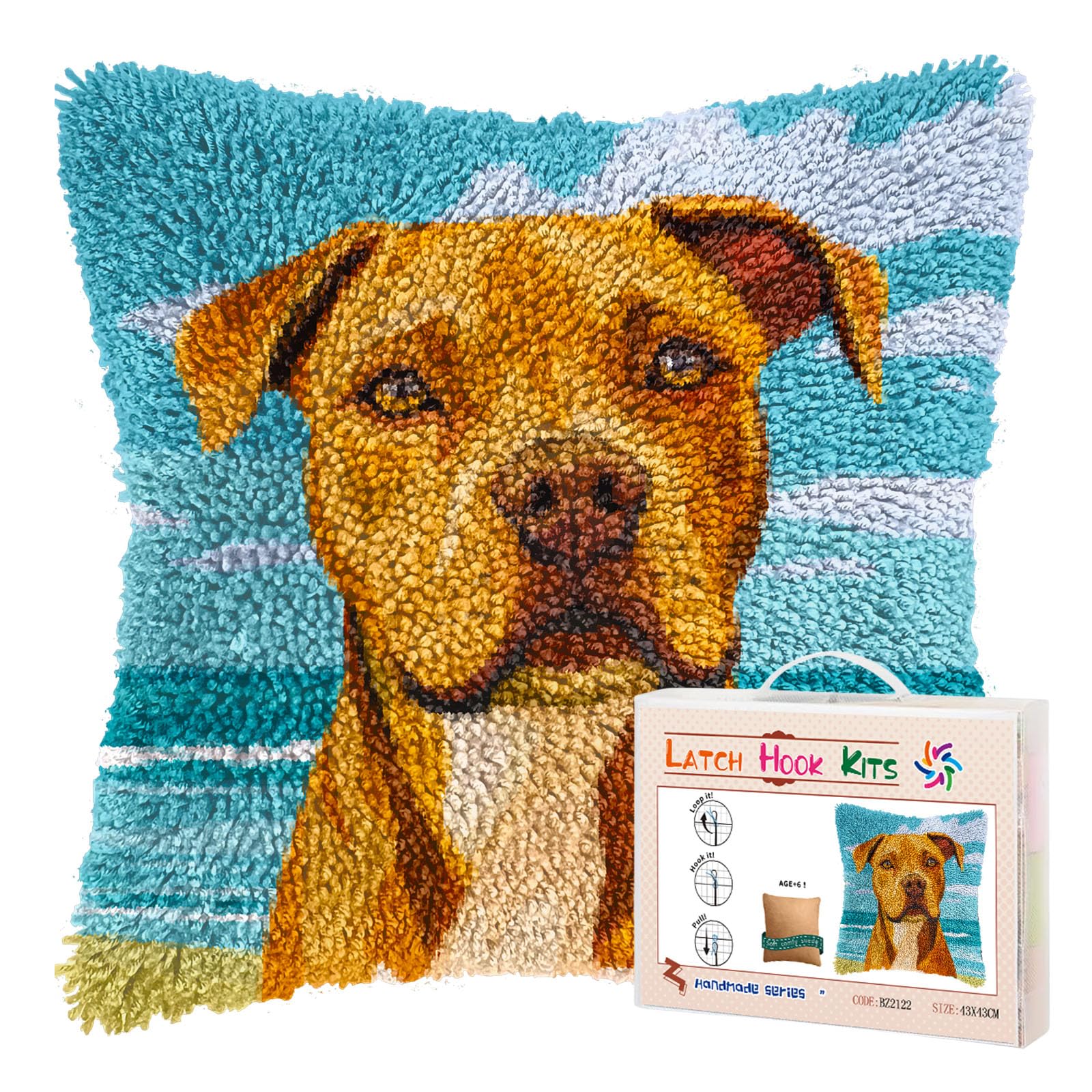 DIY Latch Hook Pillow Kits for Adults Cartoon Pitbull Dog Printed Pillowcase Crochet Yarns Hooking Handmade Pillow Cover Cushion for Home Sofa Decoration 17x17inch-3