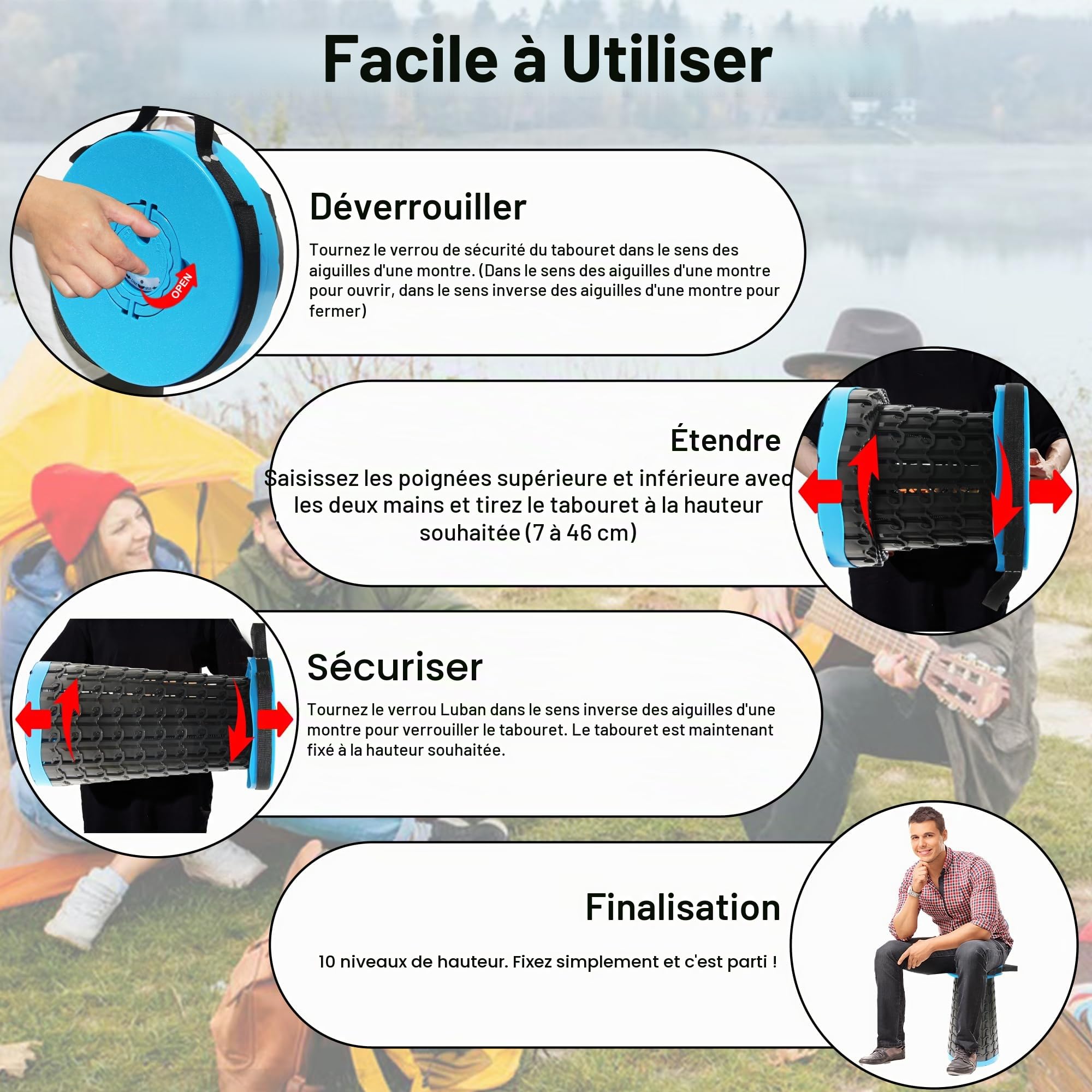 ALEVMOOM Tabouret de Camping Pliant Portable, rétractable et léger, adapté à l'extérieur, au Camping, à la pêche, au Barbecue intérieur, capacité de Poids maximale de 800LBS(SHBlue)