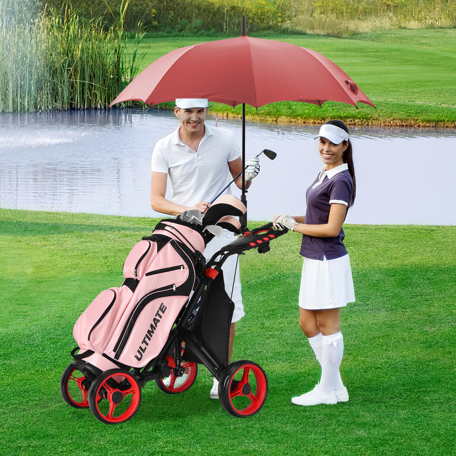 COSTWAY Golf Trolley, 4 Rad Golftrolley, Golfwagen klappbar, Golfcaddy aus Aluminum, Golfcaddy mit Schirmhalter, T-Stückhalterung und Aufbewahrungstasche