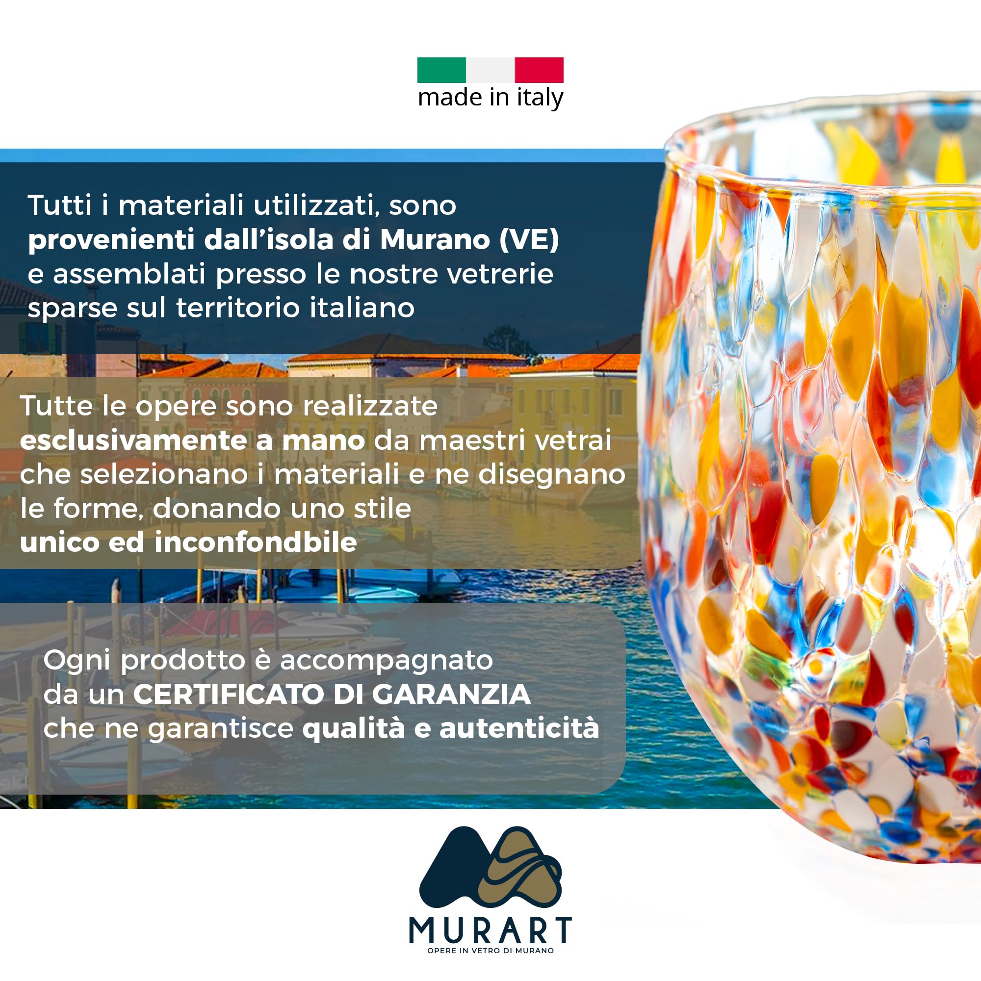 MurArt Bicchieri di Murano Millefiori Set da 6 bicchieri da 400ml Collezione Onde in vetro soffiato a mano in lavorazione artigianale
