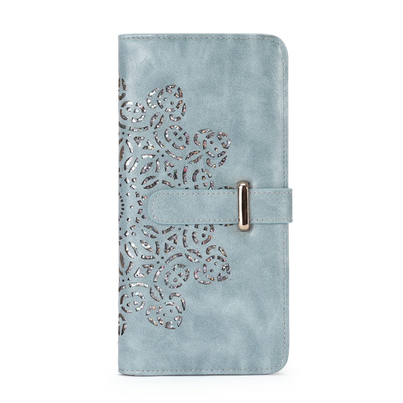 YUWEIUS Ultra Slim RFID Wallet Women Thin Clutch Bifold Compact Long Womens Coin Wallet with Hollow Out Mandala BLUE
