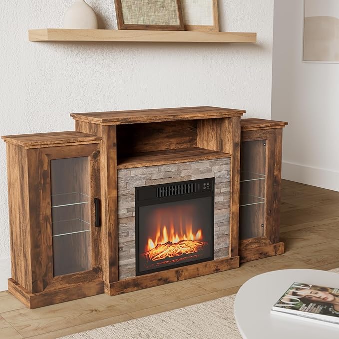 Mueble TV con Chimenea Eléctrica COSTWAY para TV hasta 65", 4777 BTU, Control APP, Marrón miniatura 2