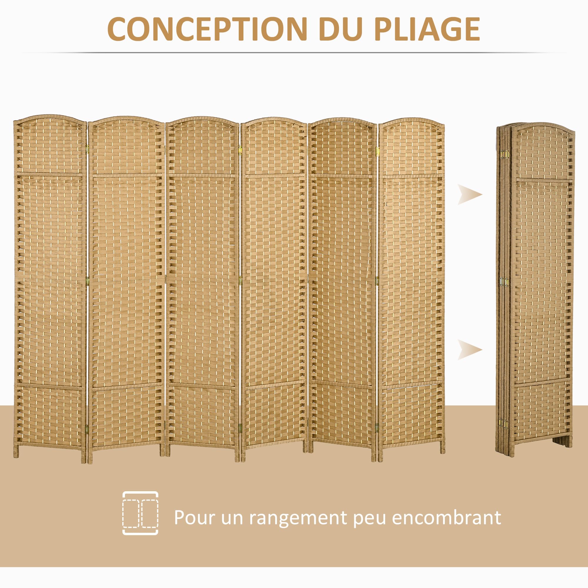 HOMCOM Paravent Interieur en Bois 6 Panneaux 240 x 170 cm séparateur de pièce Pliable avec Finition tissée, closion de séparation pour Salon, Chambre à Coucher, Maison, Bois Naturel