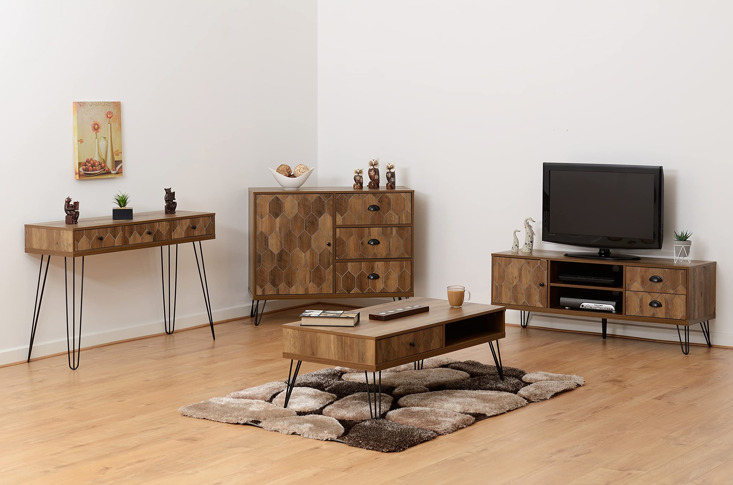 Seconique Stolik konsolowy z 3 szufladami, drewno inżynieryjne, średni efekt dębu/czarny, szer. 115 cm x gł. 40 cm x wys. 78,5 cm