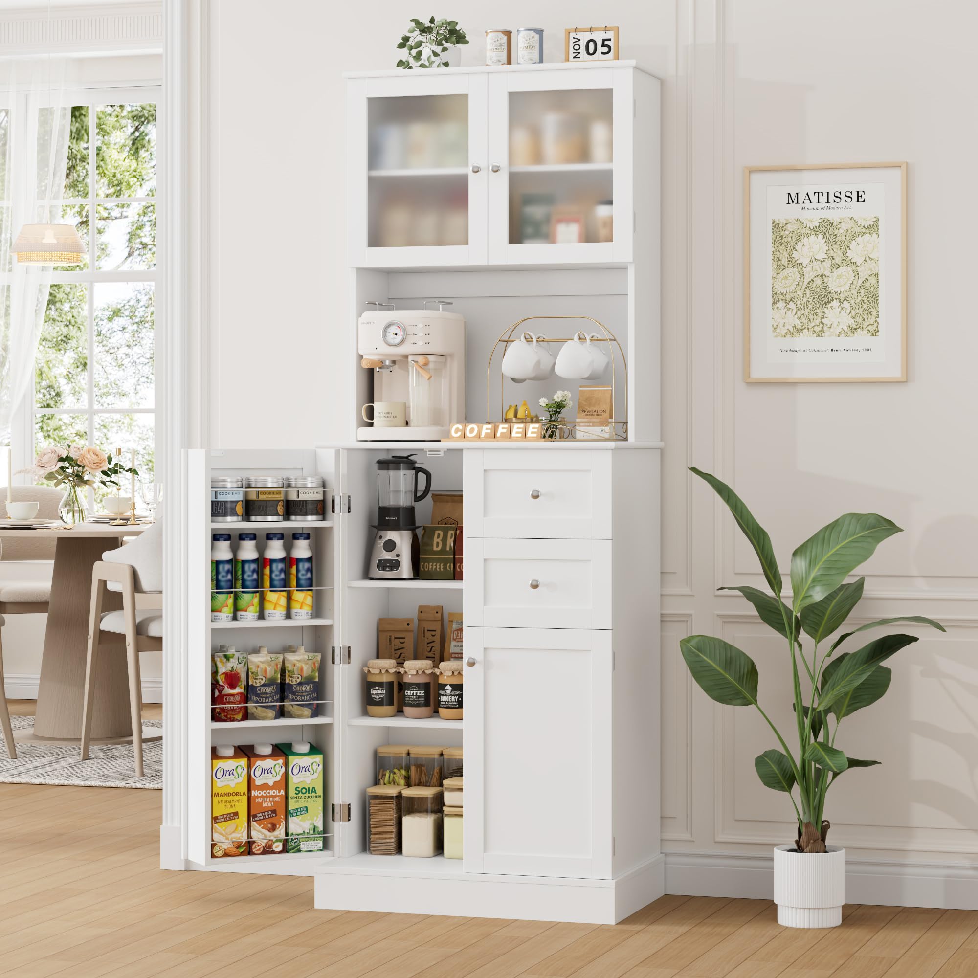 HOCSOK Küchenschrank, Buffetschrank mit Verstellbaren Ablage und Schubladen | vorratsschrank küche mit Mikrowellenregal und 4 Türen, Mehrzweckschrank für Küche, Esszimmer, Wohnzimmer, Weiß