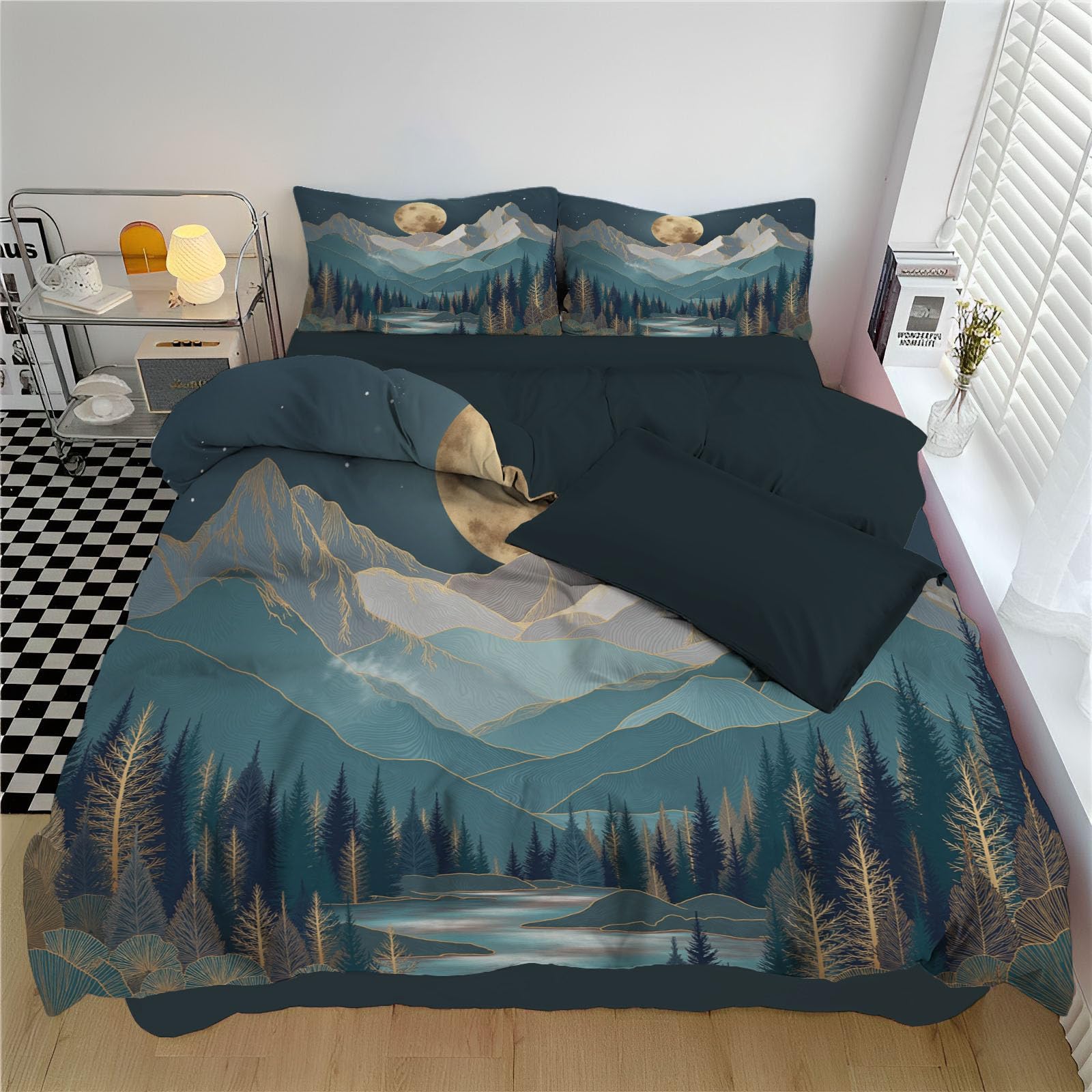 Housse de couette 220x240 bleu foncé à motif montagne pour chambre adulte cocooning