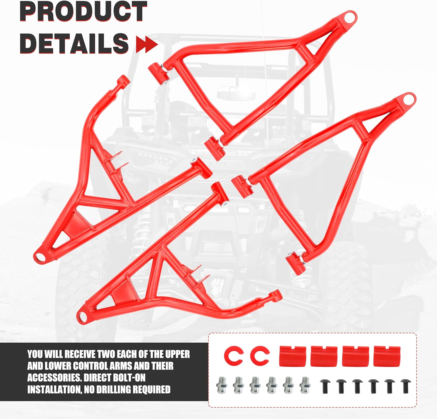 High Clearance Front Upper & Lower A Arms Kit for 2014-2023 Polaris RZR XP 1000/ XP4 1000, Heavy Duty Steel, 1.5" High Clearance Forward Offset Front A-Arms, Red