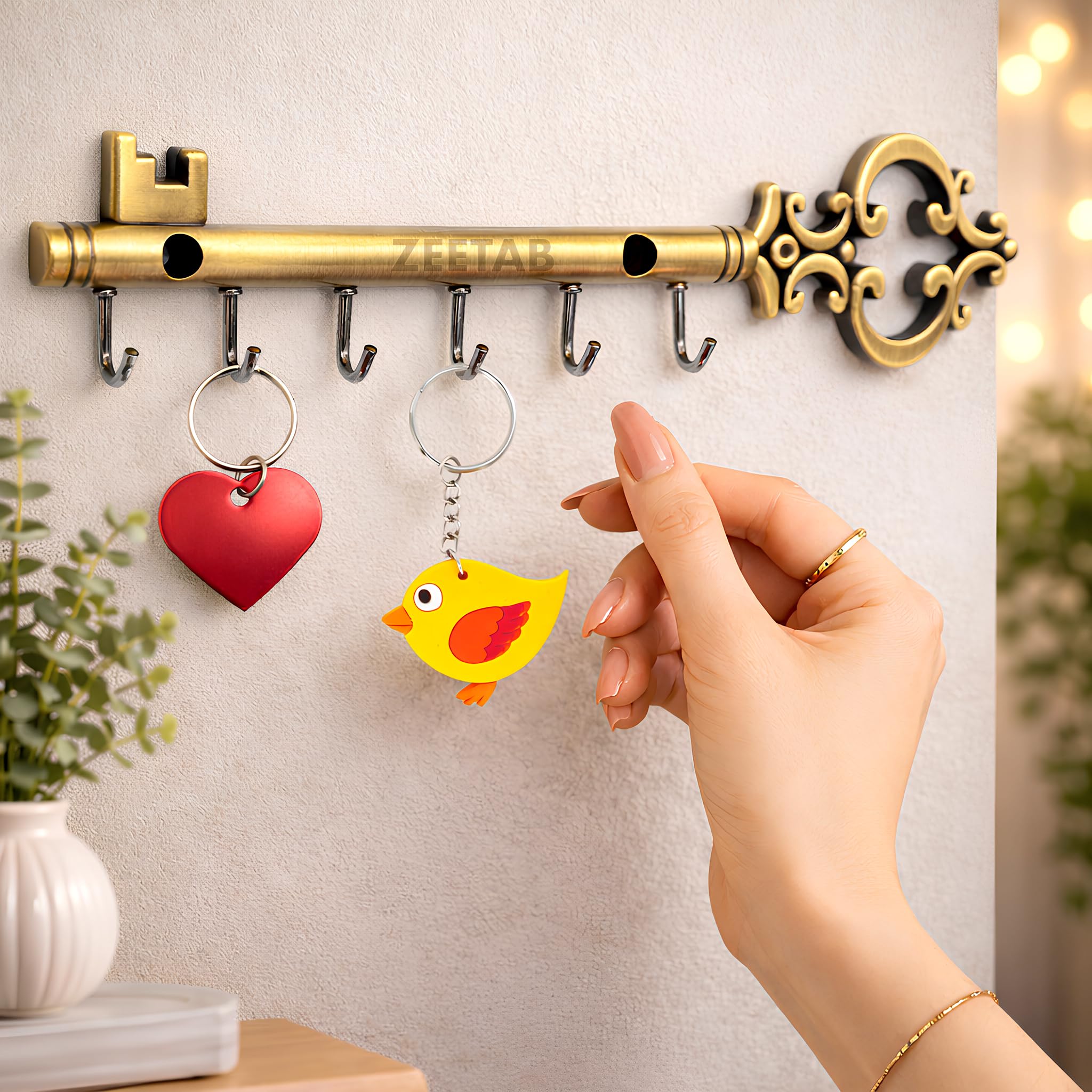 Zeetab Royal Key Shape Key Holder | Rajwadi Chabi Key Stand with 6 Hook & Brass Metal Wall Mount Hanger | Home Decor Gift (24x6cm) (Antique)