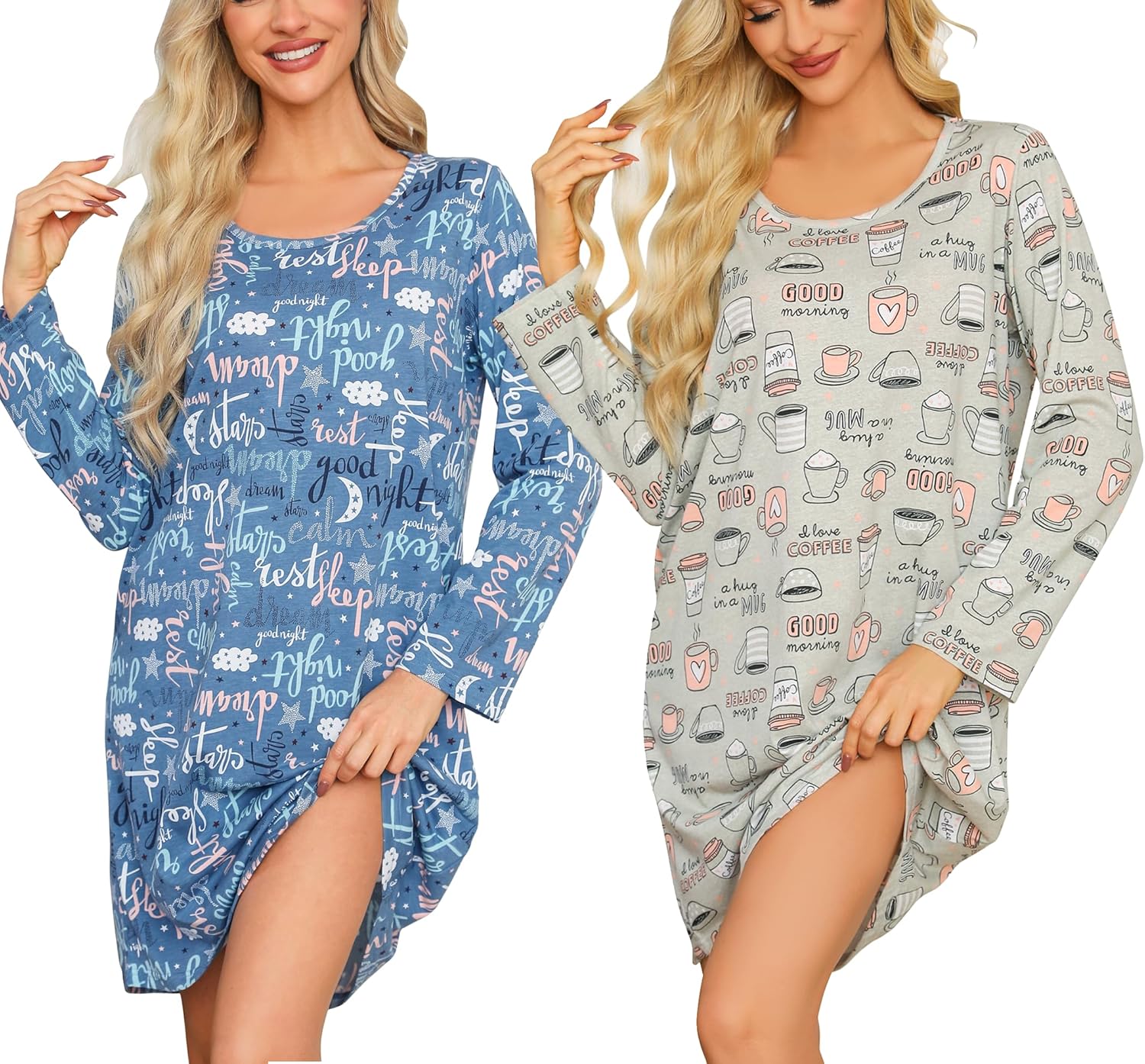 ENJOYNIGHT 2 Pack Nightgown For Women Cotton Long Sleeve Nightshirts