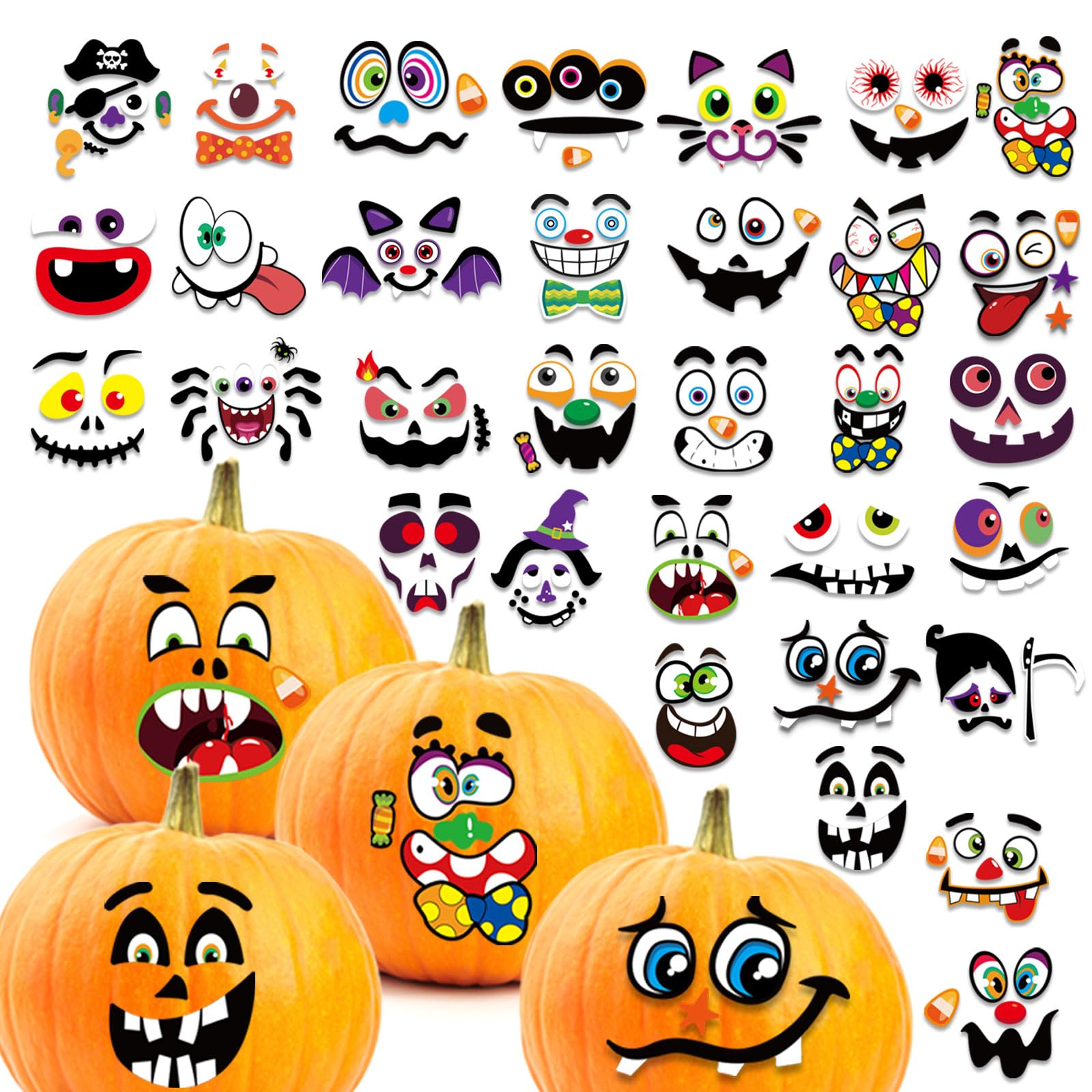 iwiio 64Pcs Halloween Crafts Kit - Foam Pumpkin Face Stickers & Decorating Kit for Kids' Halloween Party, Multicolor