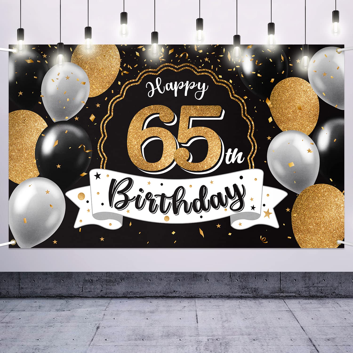 Nelbiirth Happy 65th Birthday Decorations,65th Black & Gold Balloon Large Birthday Banner Backdrop Sign - Cheers to 65 Years Old Bday Party Decoration.