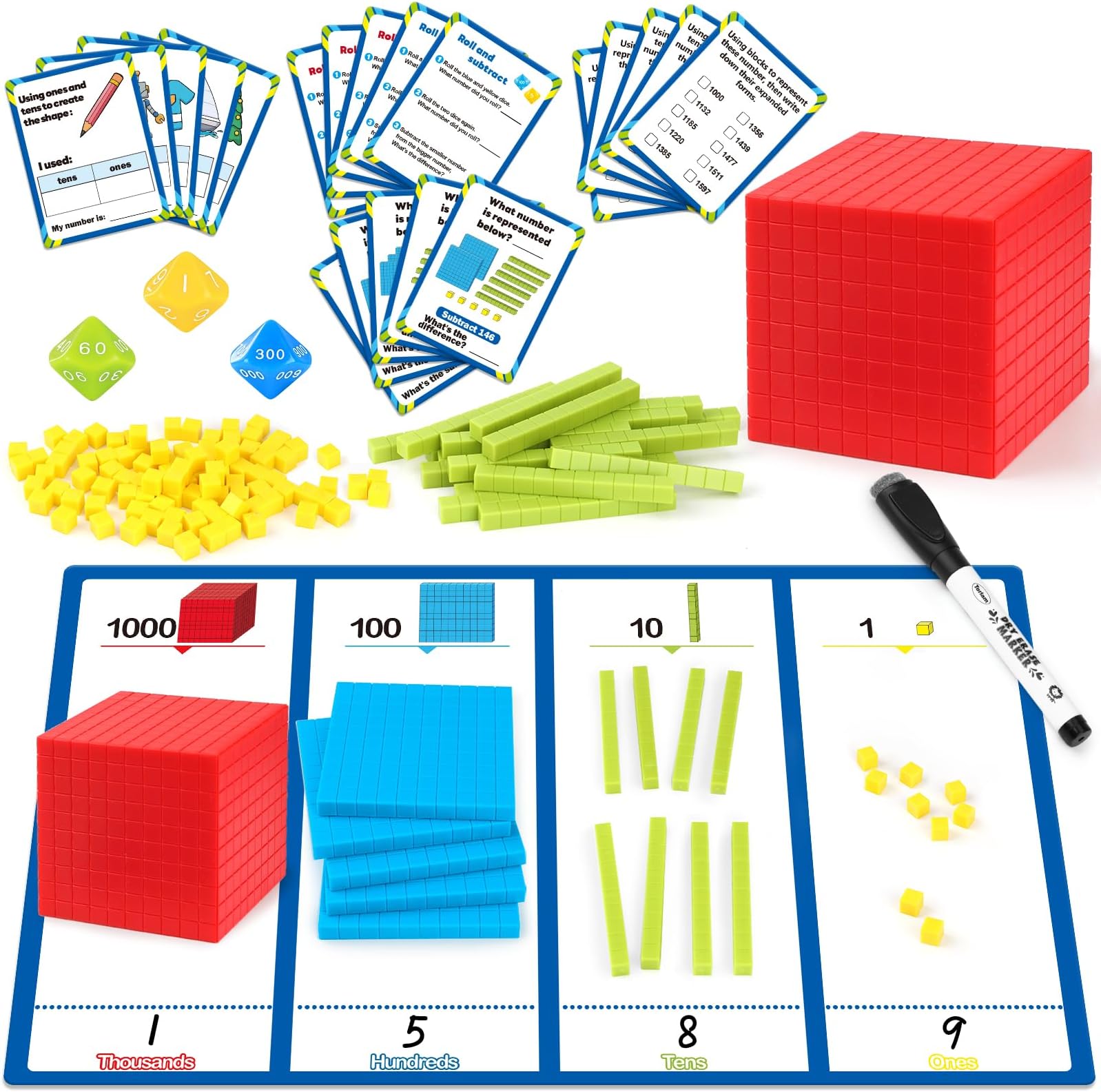 Torlam Base Ten Blocks for Place Value, Counting, Kindergarten Math Games - Base 10 Math Manipulatives for 1st-3rd Grade Kids
