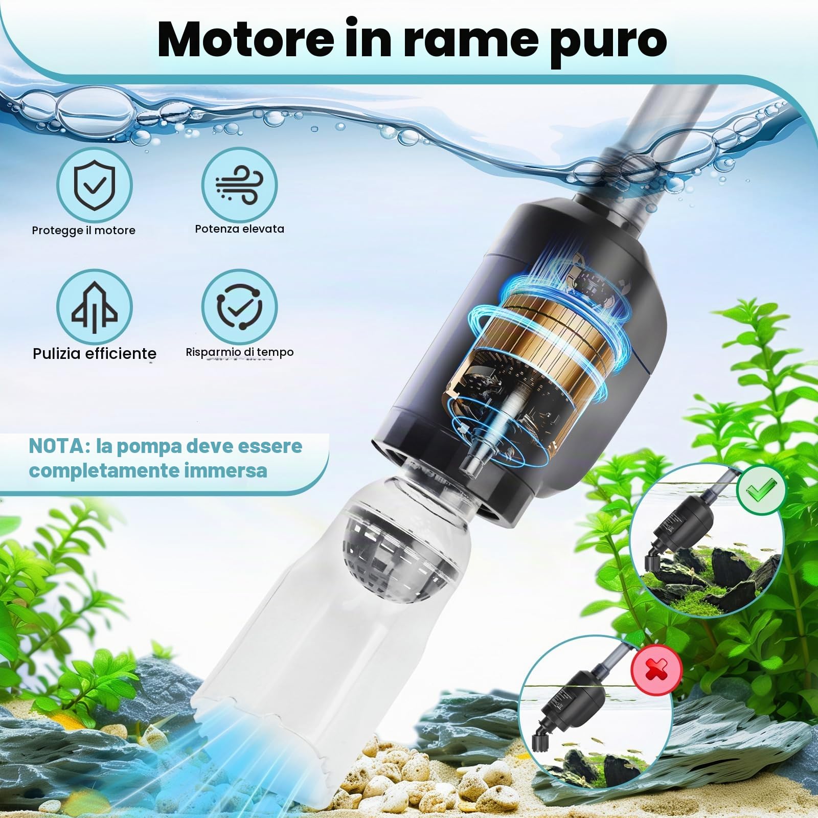 AQQA Pulitore automatico per ghiaia per acquario, 6 in 1, kit di pulizia automatico per acquario, 20 W, aspiratore per ghiaia, per lavare sabbia, acqua, doccia e circolazione dell'acqua