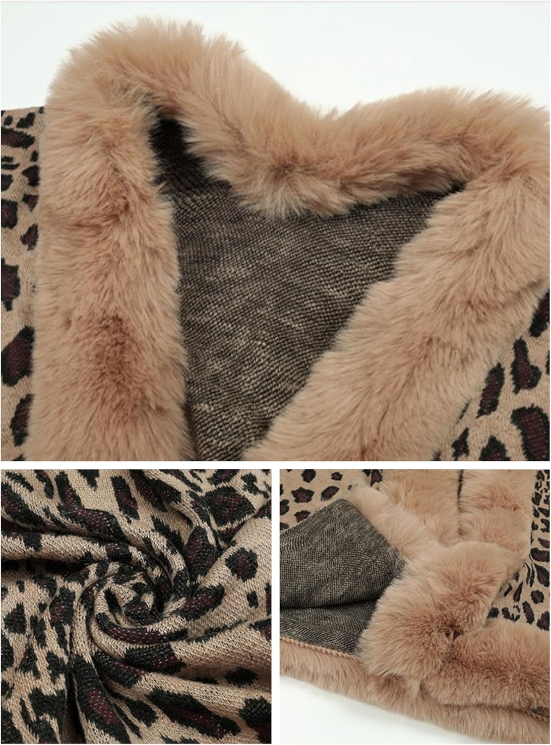 Women's Leopard Print Shawl Wraps Fur Collar Open Front Knitted Poncho Oversized Warm Cardigan Capes for Fall Winter - Image 6